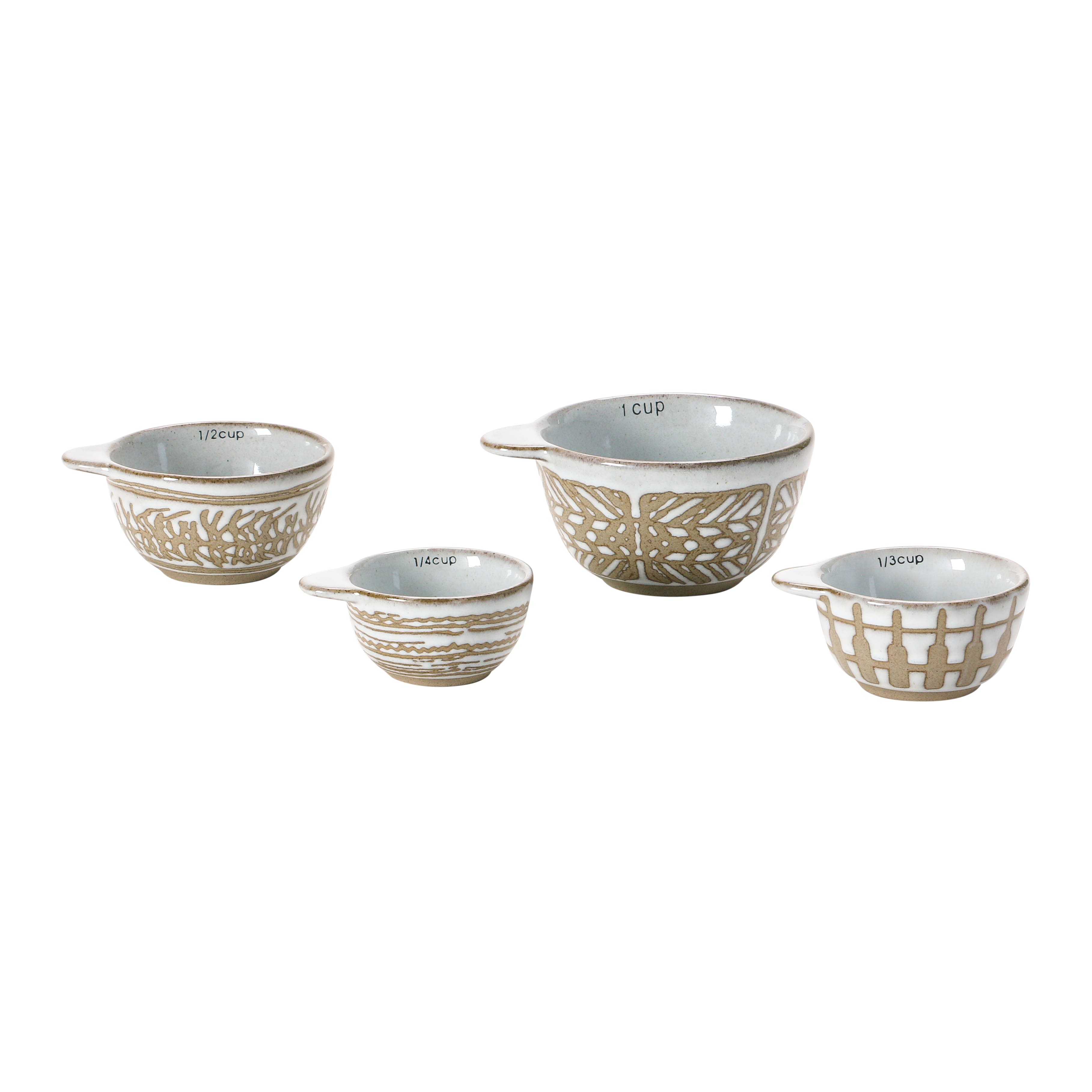 White &#x26; Tan Stoneware Measuring Cups with Wax Relief Pattern, 4ct.