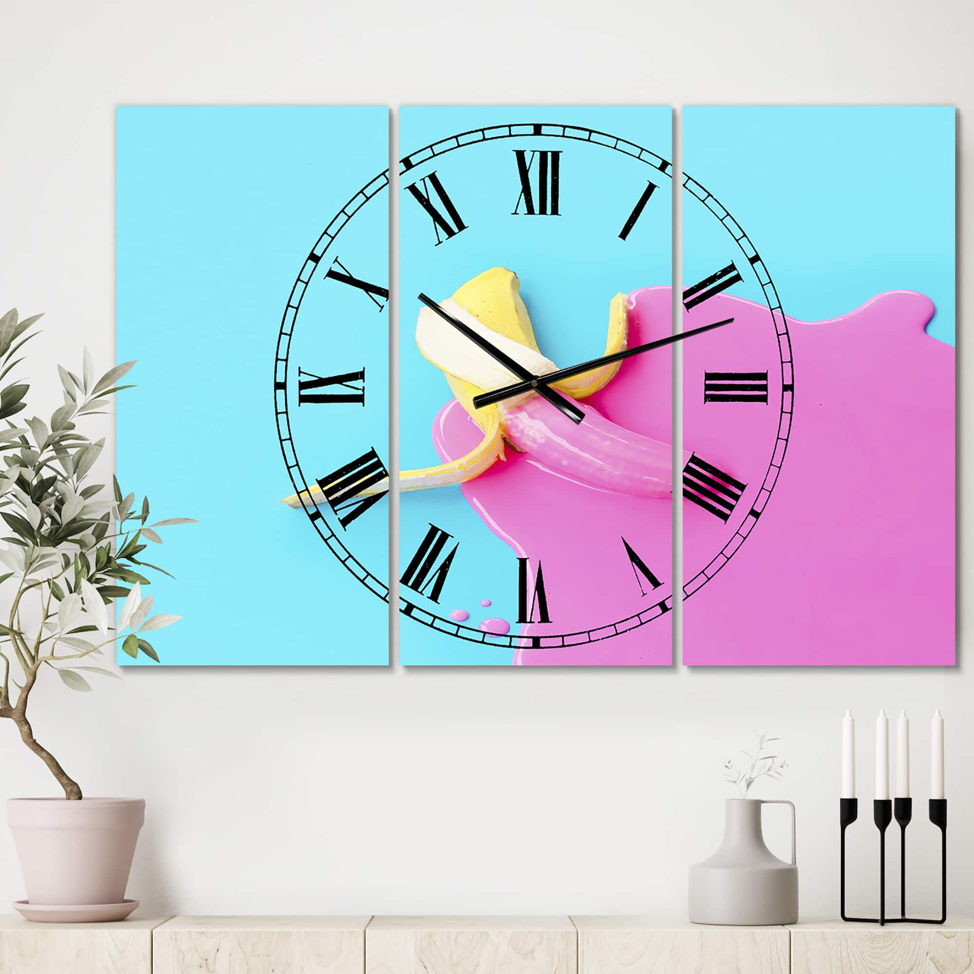 Designart 'Pink And Blue Banana Large Modern Multipanel Wall Clock