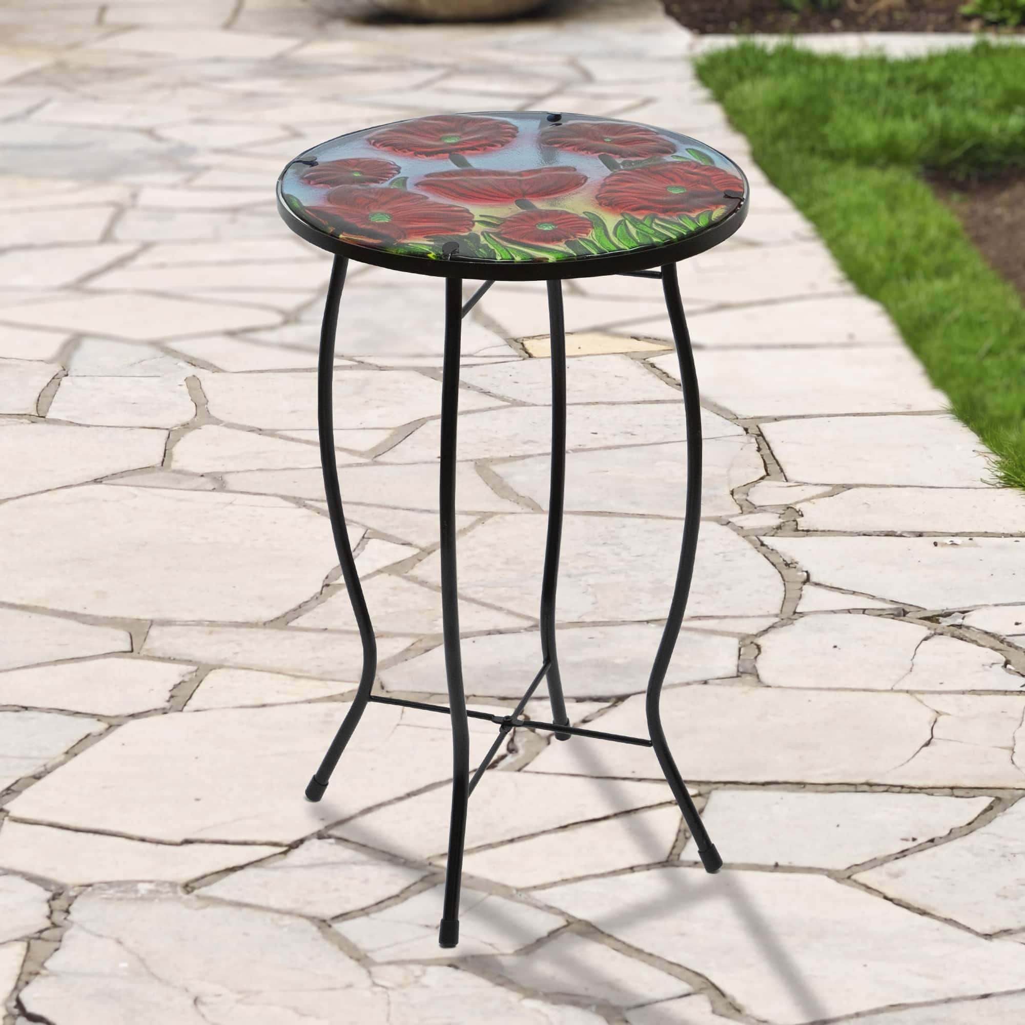 19&#x22; Red Floral Poppies Glass Patio Side Table