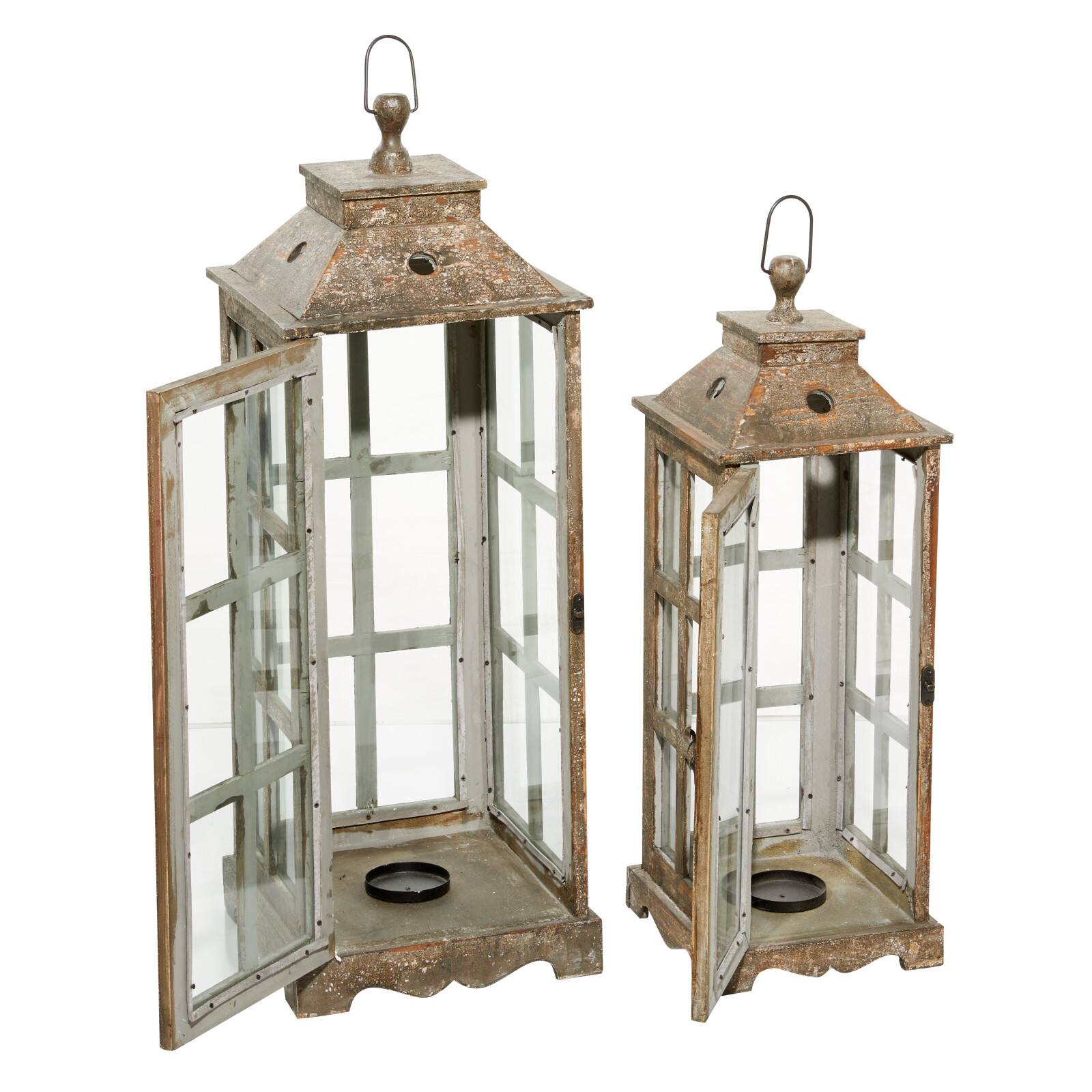 Set of 2&#x22; Brown Wood Rustic Lantern, 33&#x22;, 27&#x22;