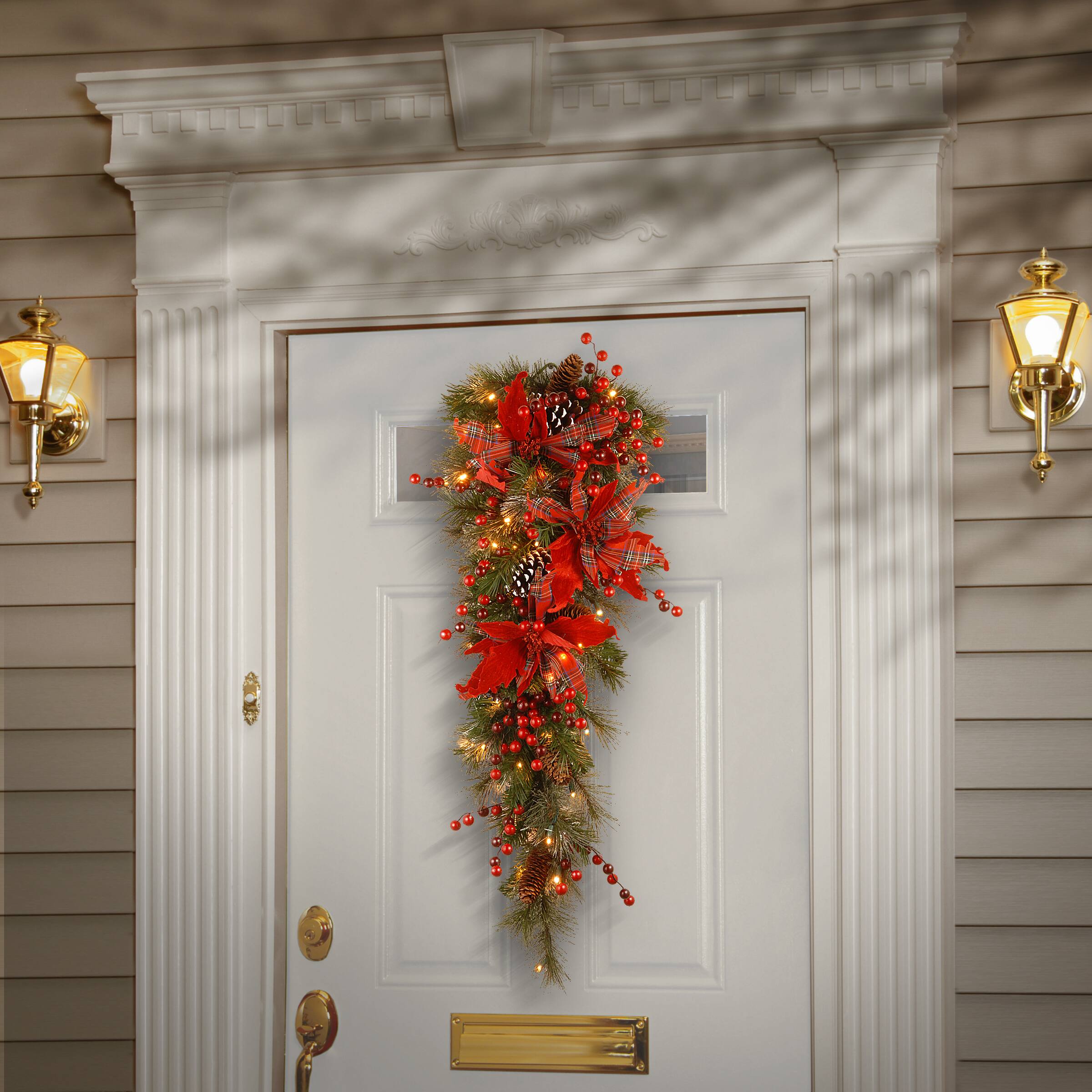 36&#x22; Decorative Collection Cones, Red Berries &#x26; Poinsettias Tartan Plaid Teardrop With Warm White LED Lights