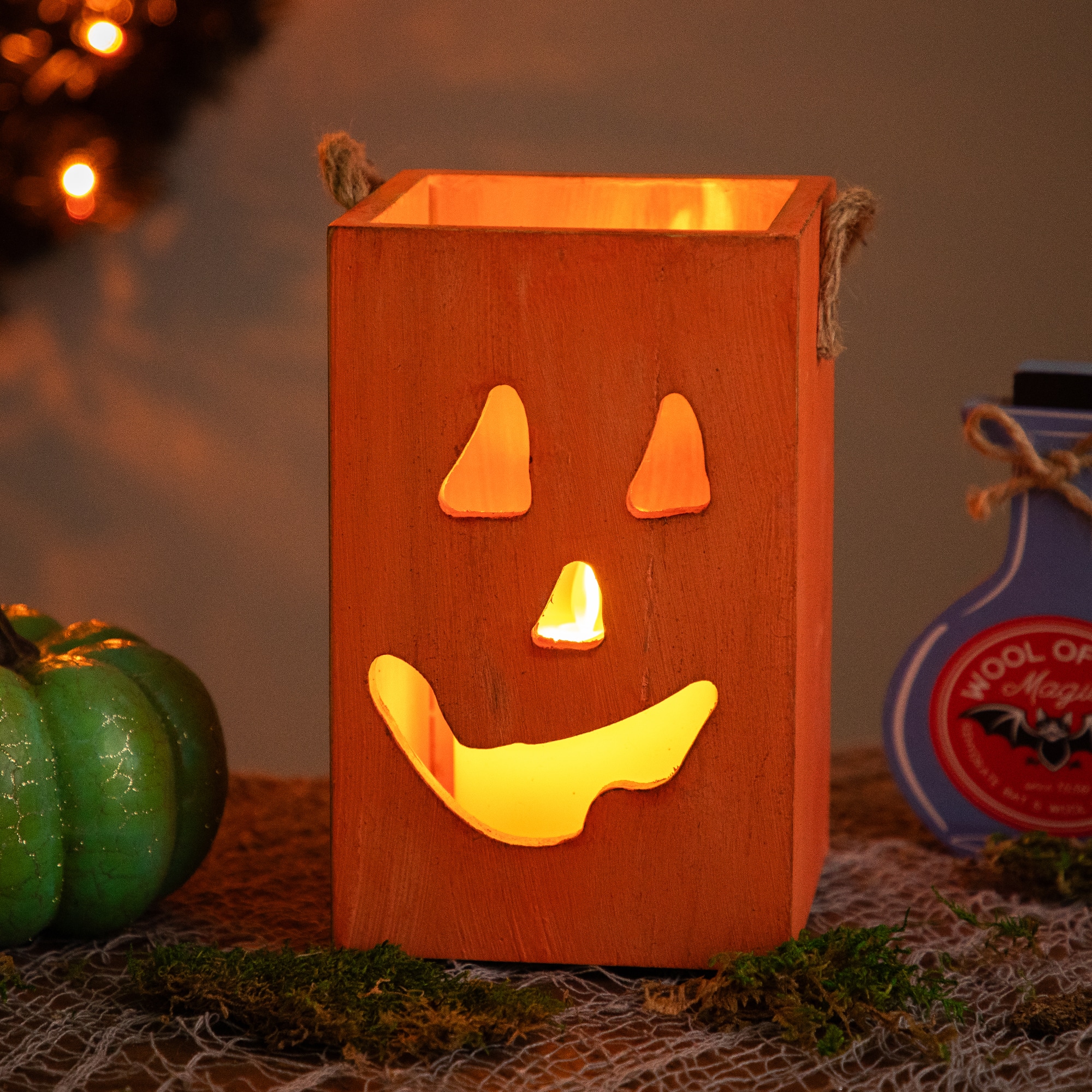 8" Large Orange Wood Jack-O-Lantern Halloween Candle Lantern
