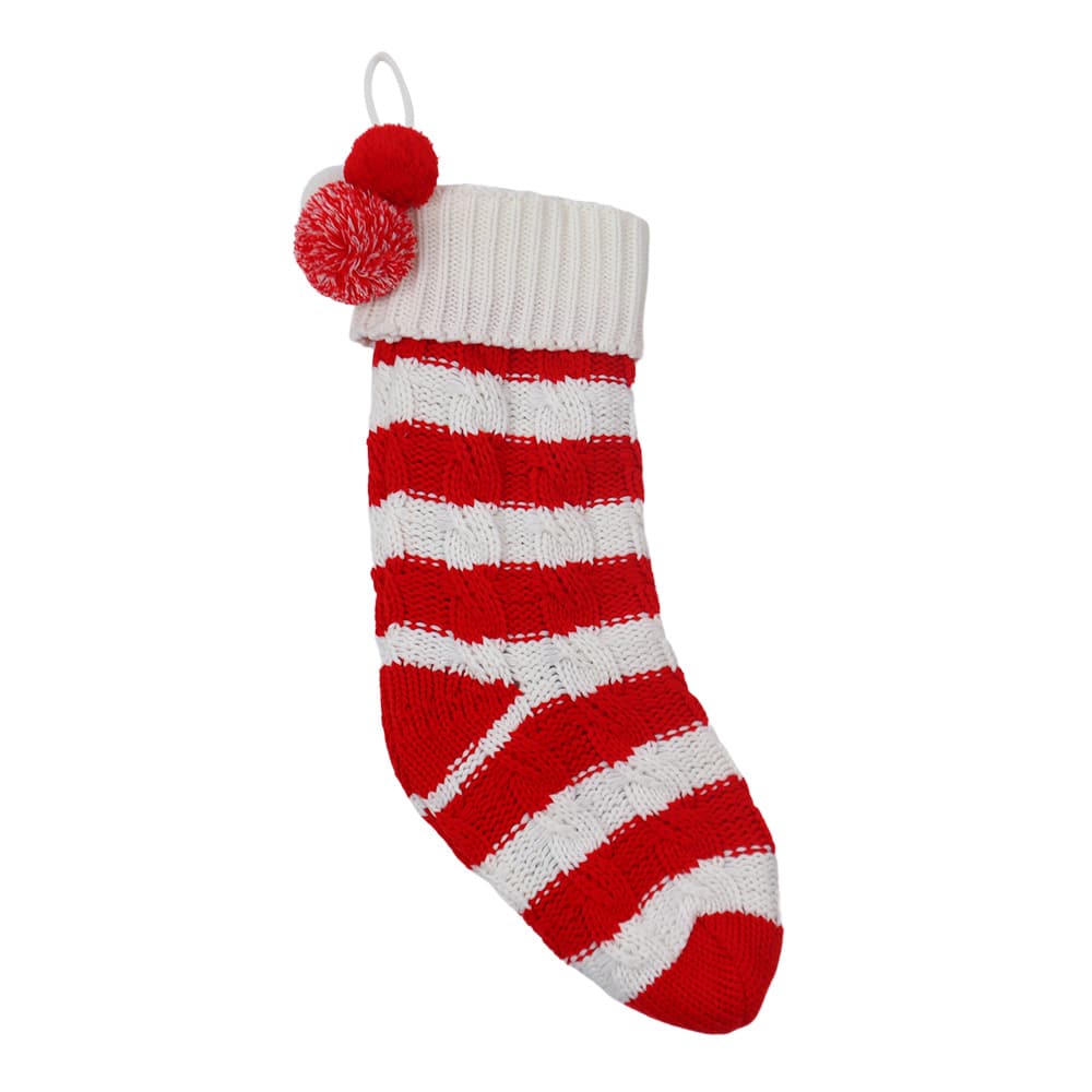 18.5&#x22; Red &#x26; White Stripe Knit Stocking with Pom Poms by Ashland&#xAE;