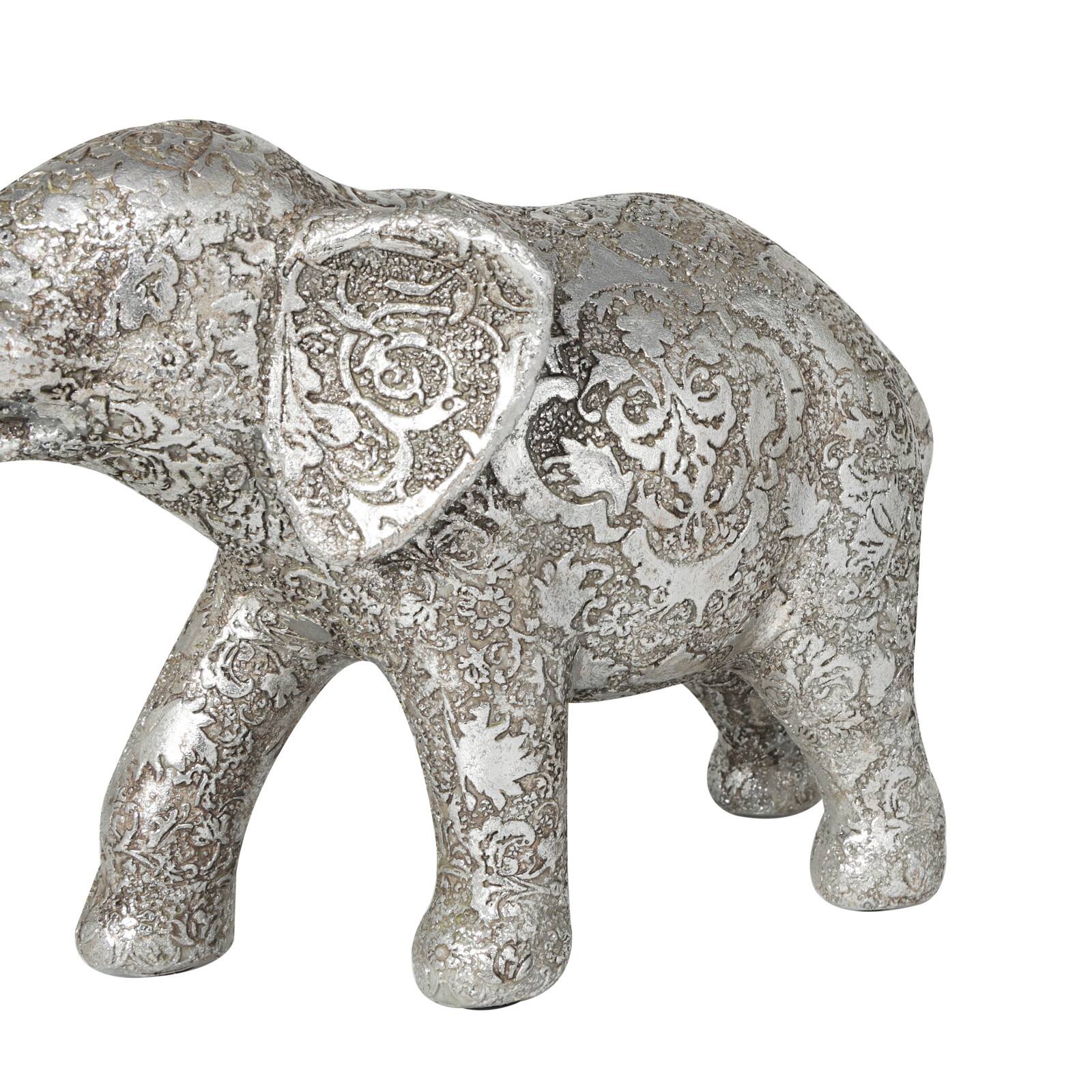 10" Silver Elephant Engraved Floral Sculpture