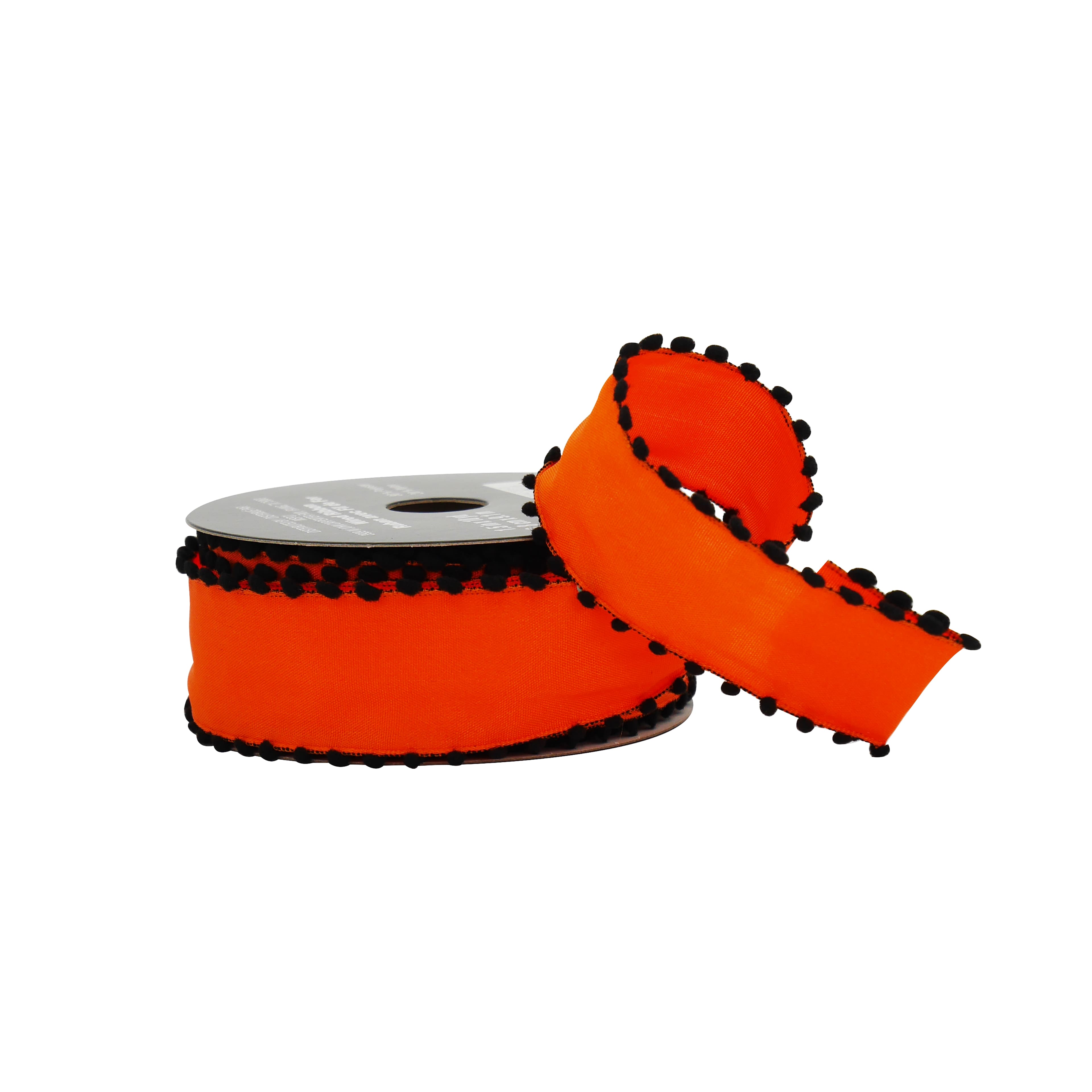 1.5&#x22; x 10yd. Orange &#x26; Black Pom Pom Edge Wired Taffeta Ribbon by Celebrate It&#xAE; Halloween