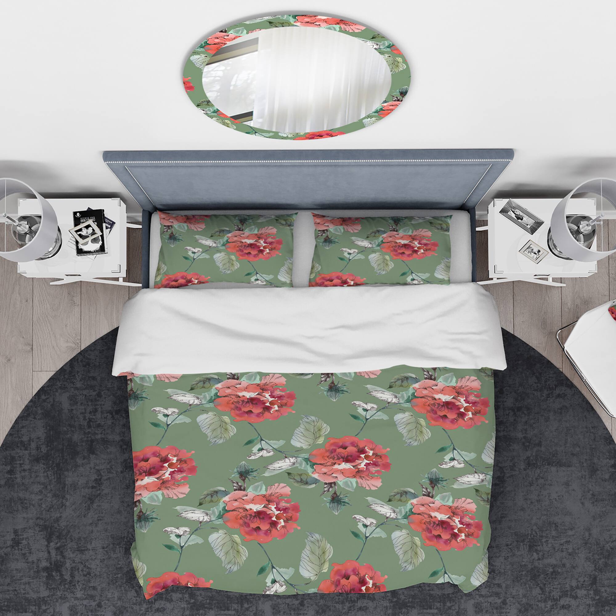 Designart 'Red Flowers in Green Background' Traditional Bedding Set