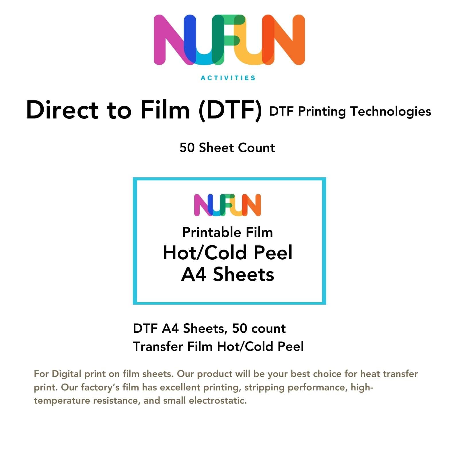 NuFun Activities 8.3&#x22; x 11.7&#x22; DTF Transfer Film, 50 Sheets
