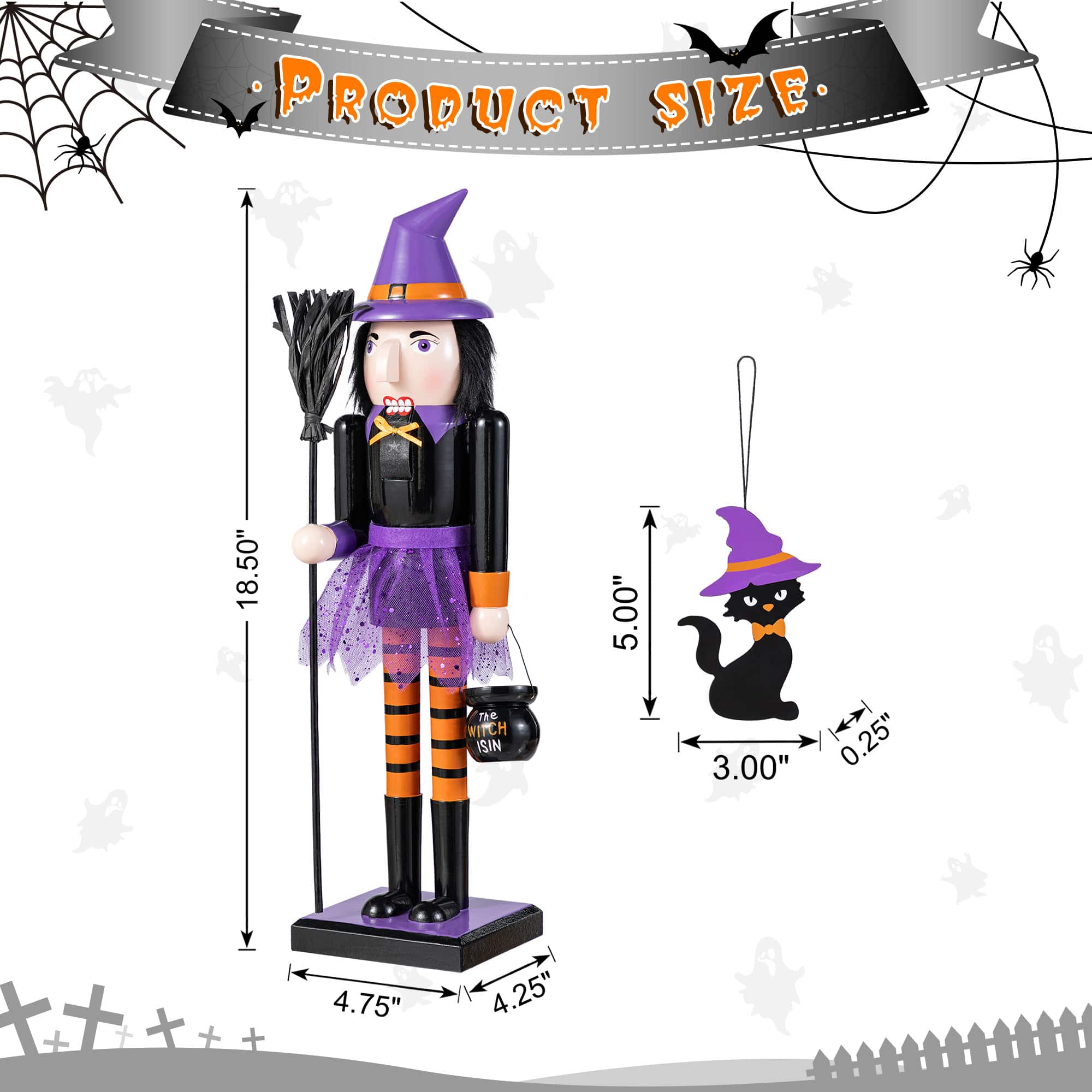 Glitzhome&#xAE; 18.5&#x22;H Halloween Wooden Witch Nutcracker with Witch Cat Ornament