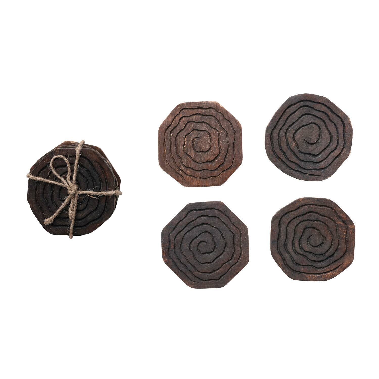 4&#x22; Round Hand-Carved Mango Wood Coasters with Distressed Finish, 4ct.