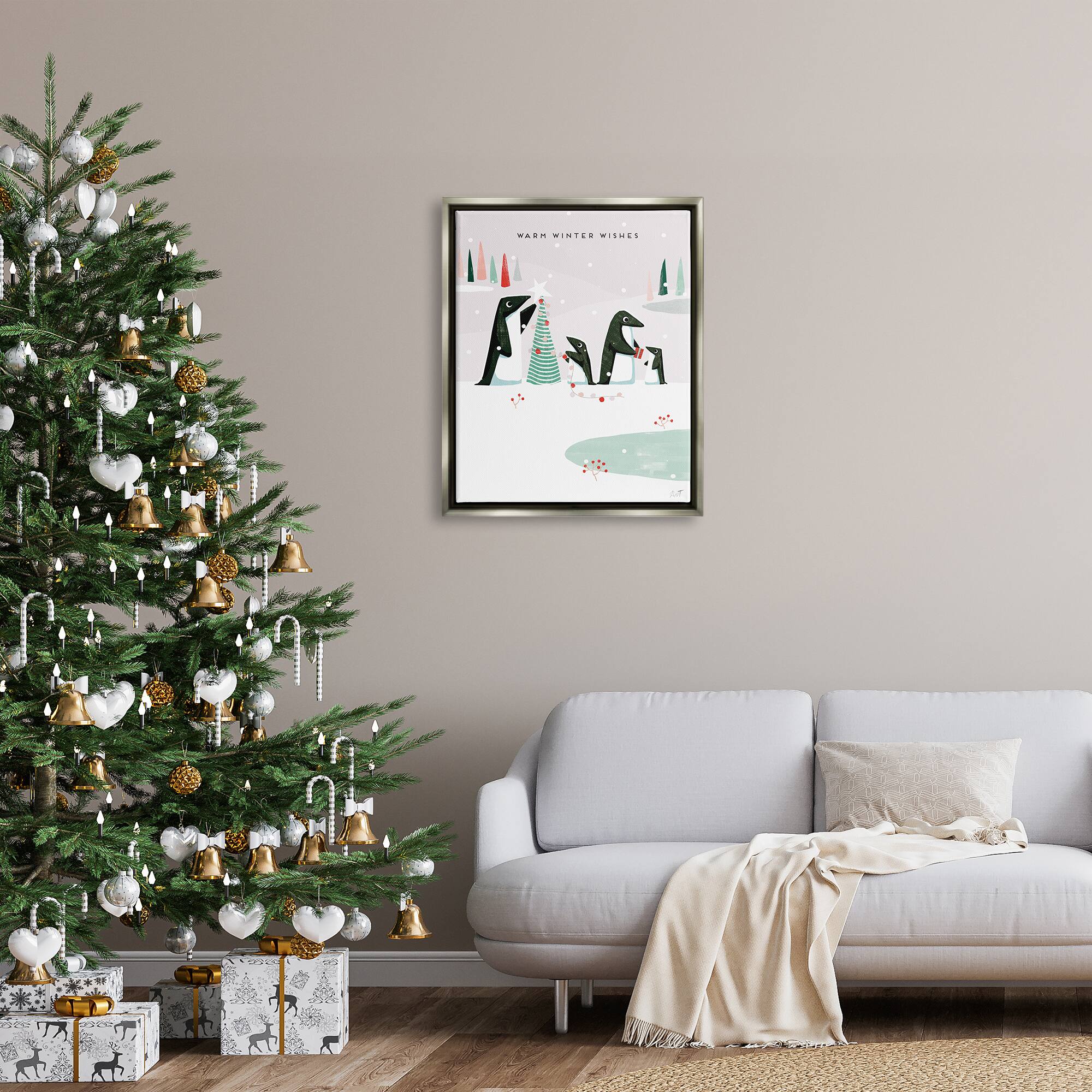 Stupell Industries Warm Winter Wishes Snowy Penguins Framed Floater Canvas Wall Art