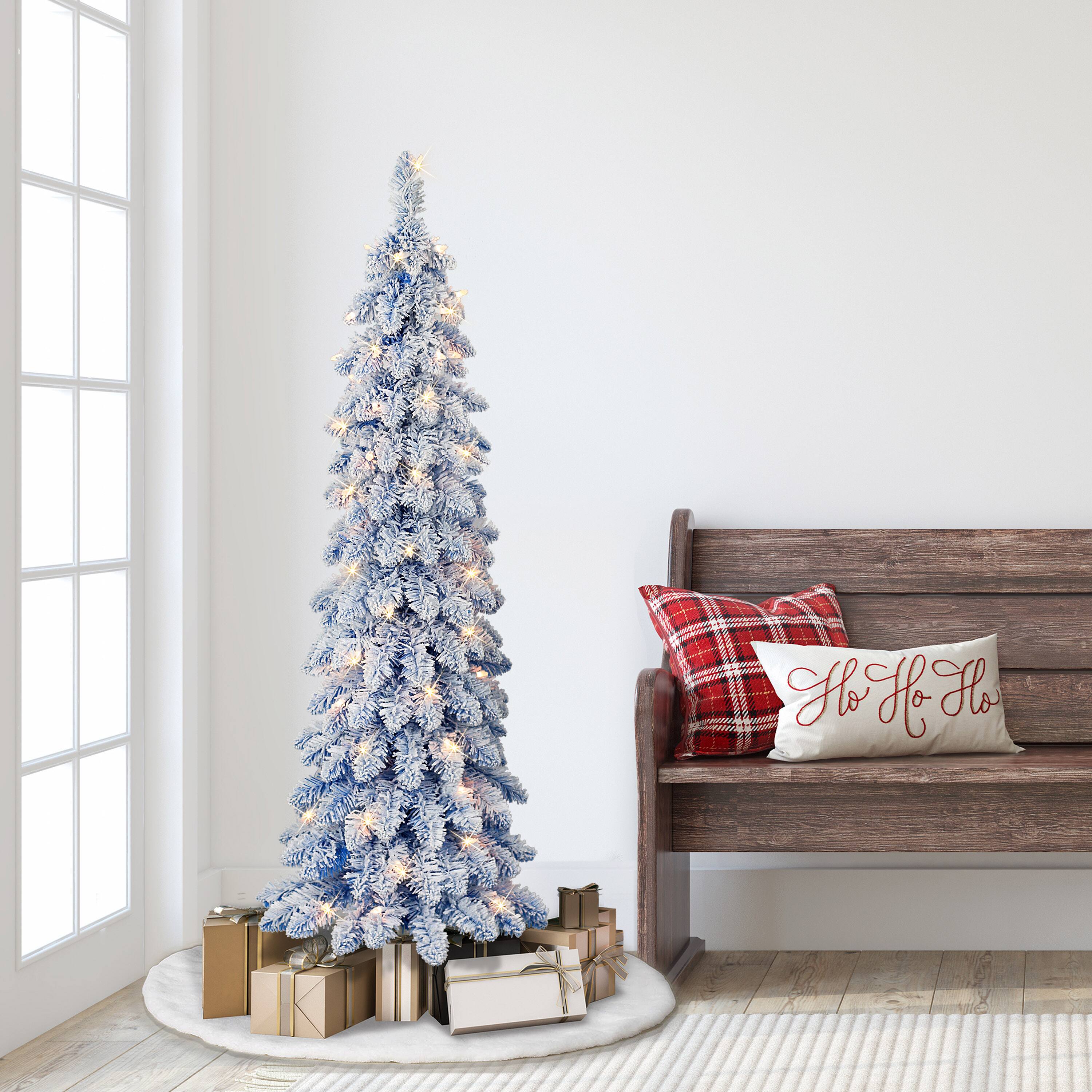 4ft. Pre-Lit Flocked Blue Artificial Alpine Pencil Tree, Clear Lights