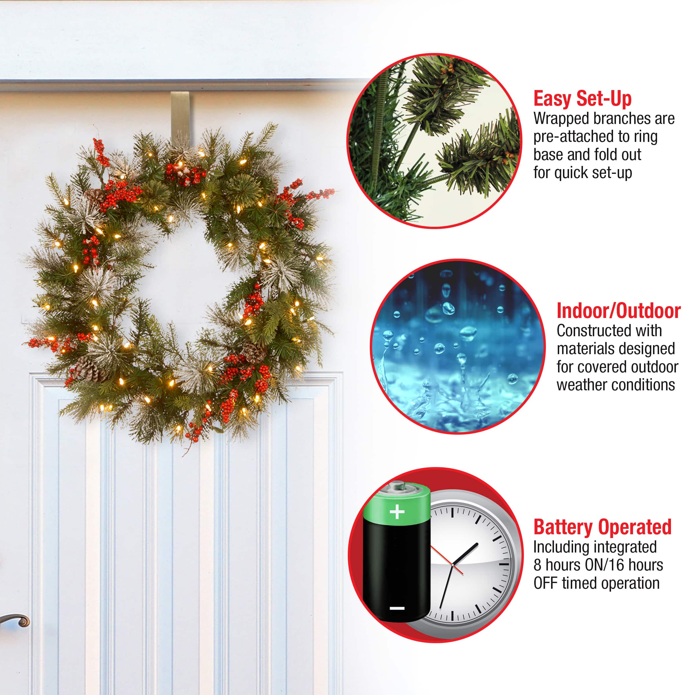 30" Feel Real® Wintry Berry Collection Wreaths with Big Pine Cones, Red Berries & Snowy Bristle with 50ct. Warm White Battery Operated LED Lights with Timer