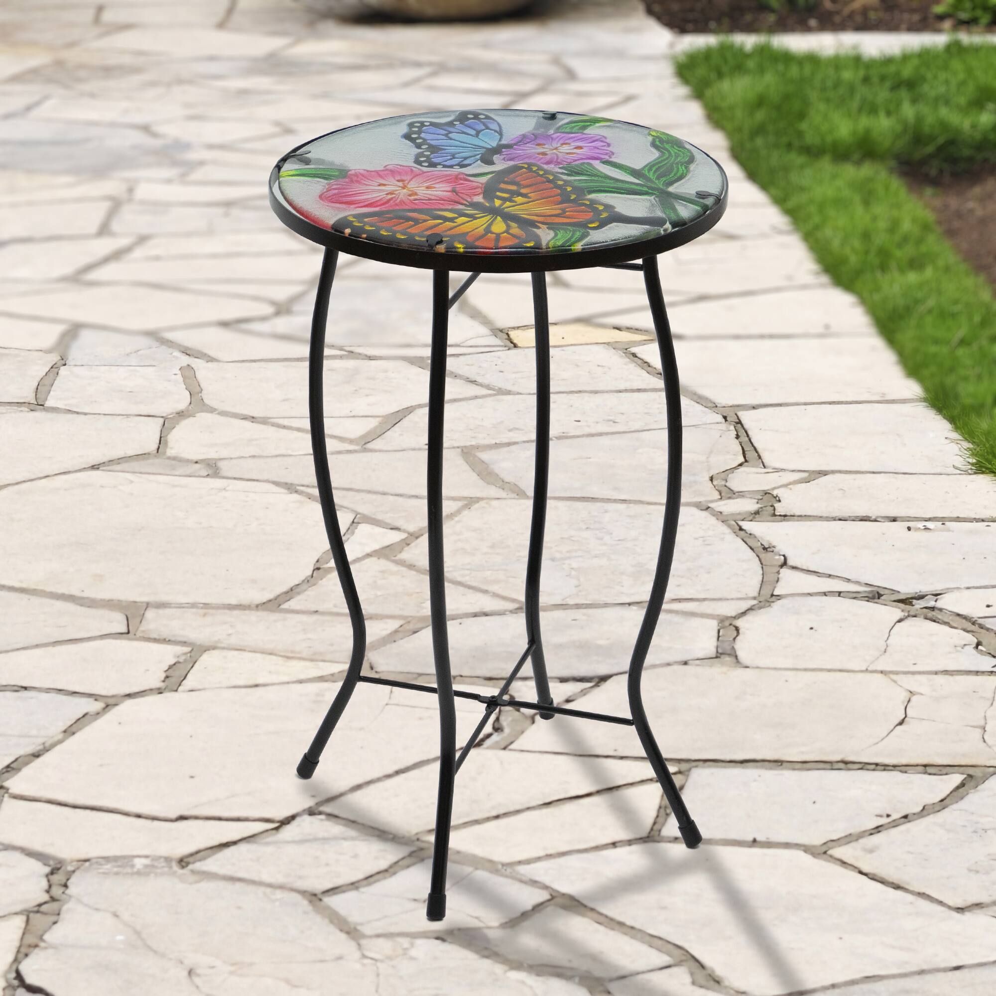 19&#x22; Floral &#x26; Butterfly Glass Patio Side Table