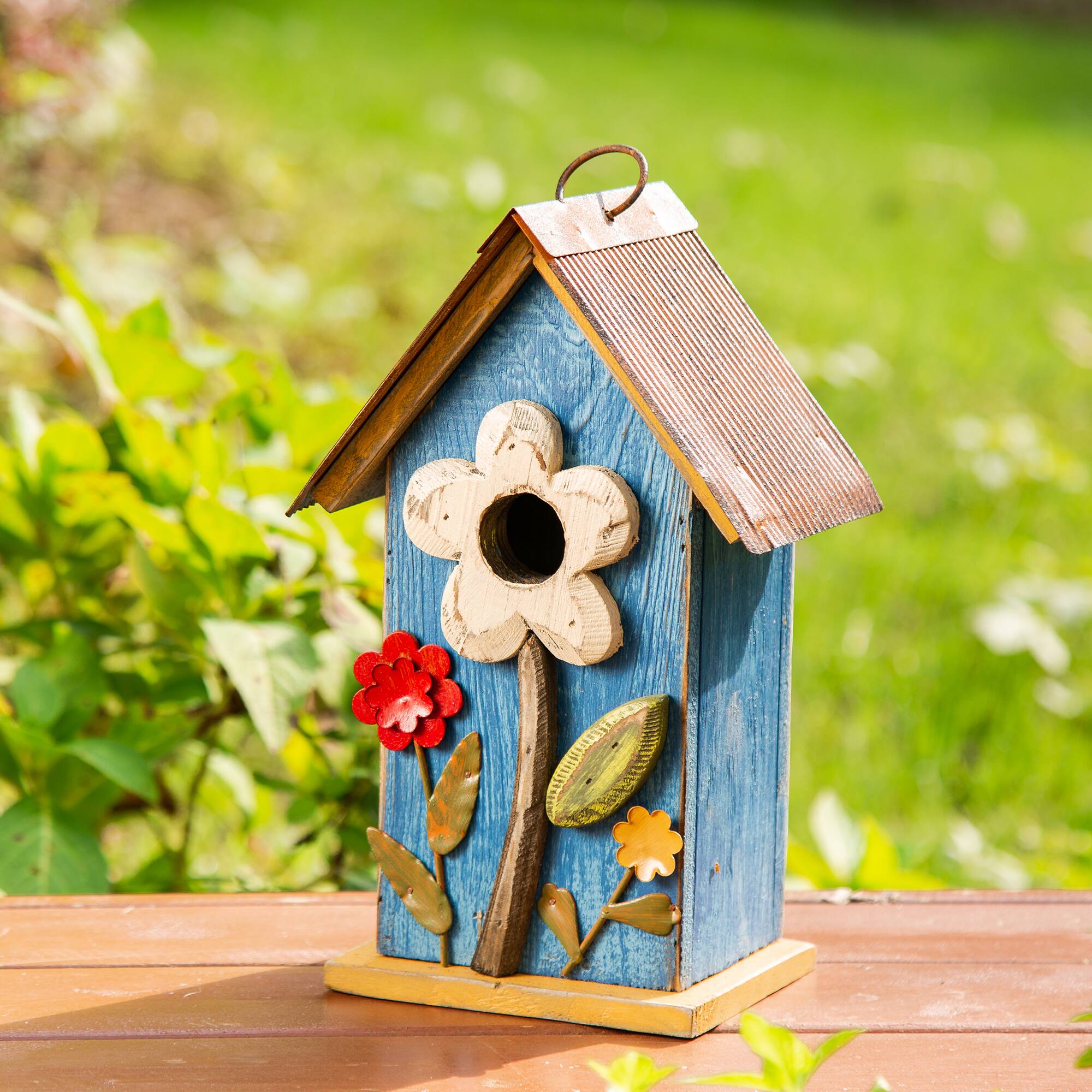 Glitzhome® 10.25" Retro Blue Distressed Flower Birdhouse