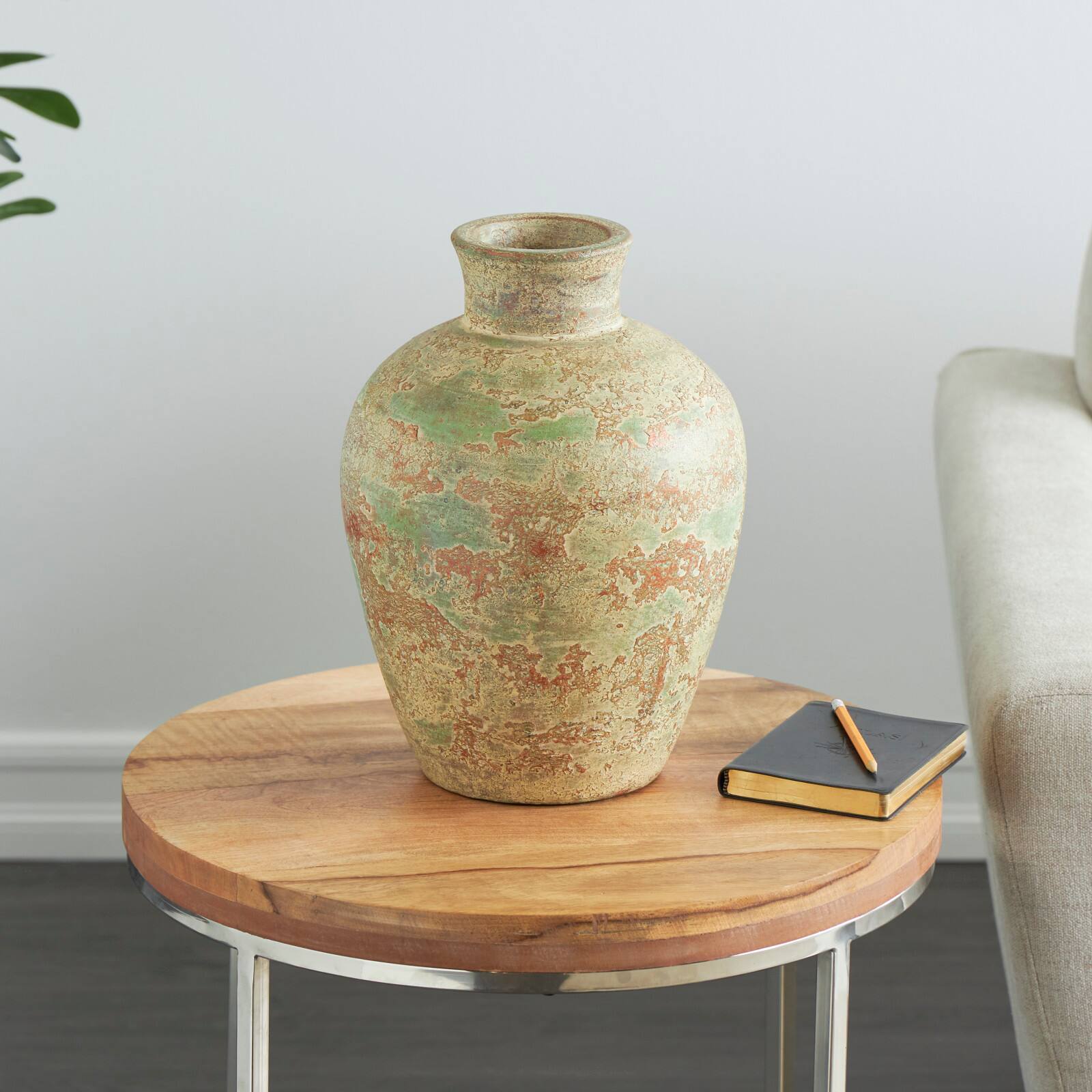 Brown Ceramic Vase with Green Accents