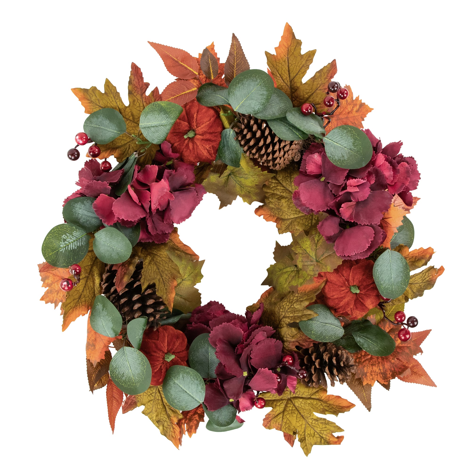 22" Orange & Burgundy Fall Harvest Artificial Floral & Pinecone Wreath