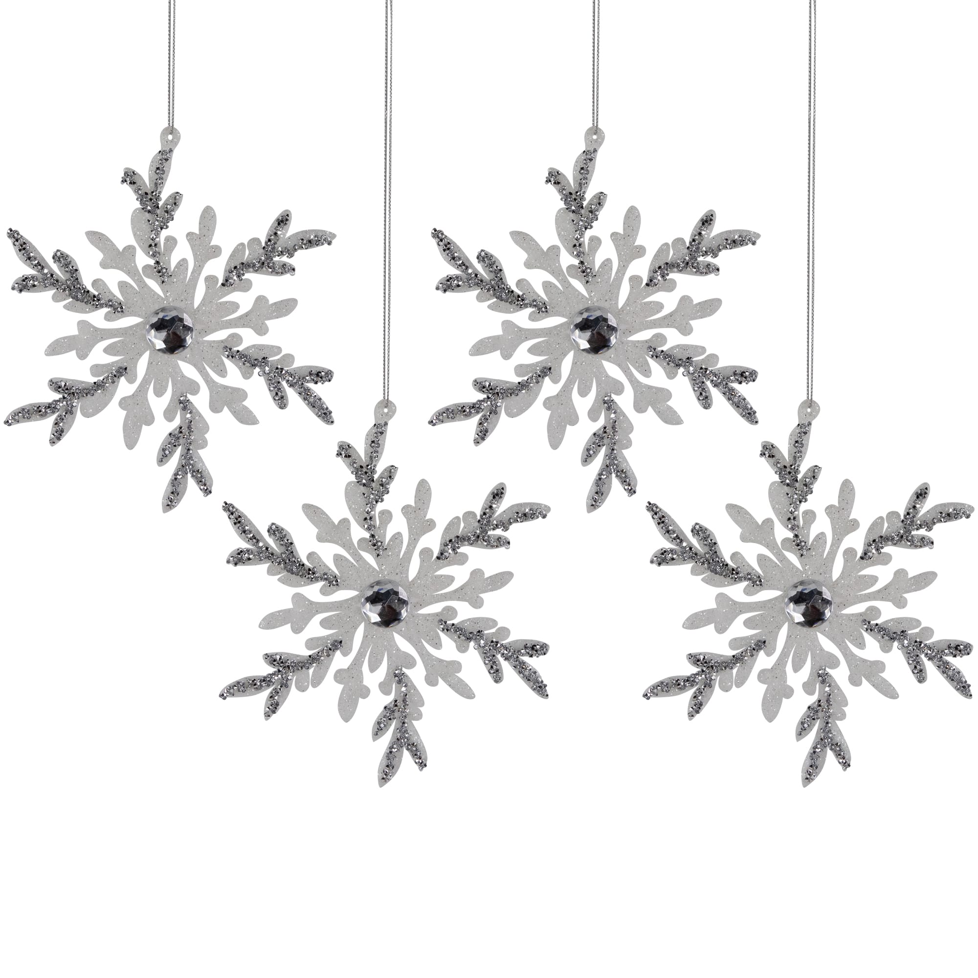Glitter Snowflakes Christmas Ornaments - 6&#x22; - White and Silver - 4ct