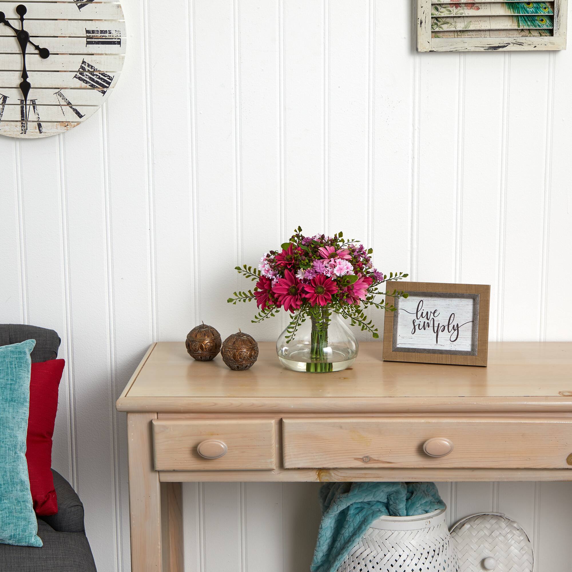 11.5" Pink & Purple Daisy Floral Arrangement in Glass Vase