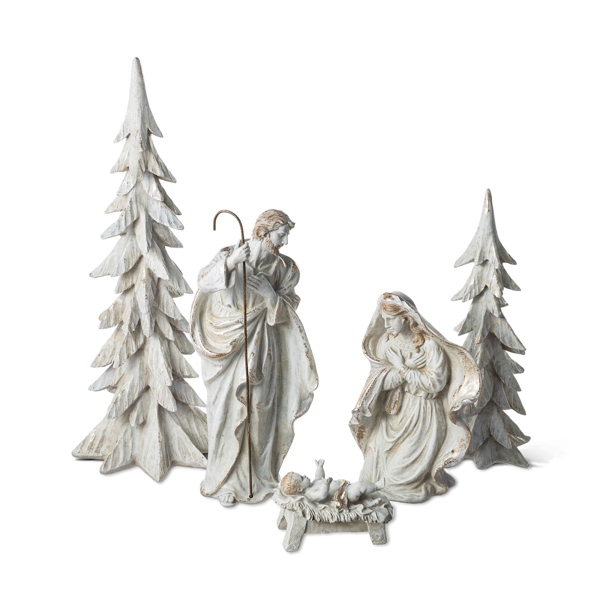 Glitzhome&#xAE; 5-Piece White &#x26; Gold Resin Holy Family with Christmas Trees Set