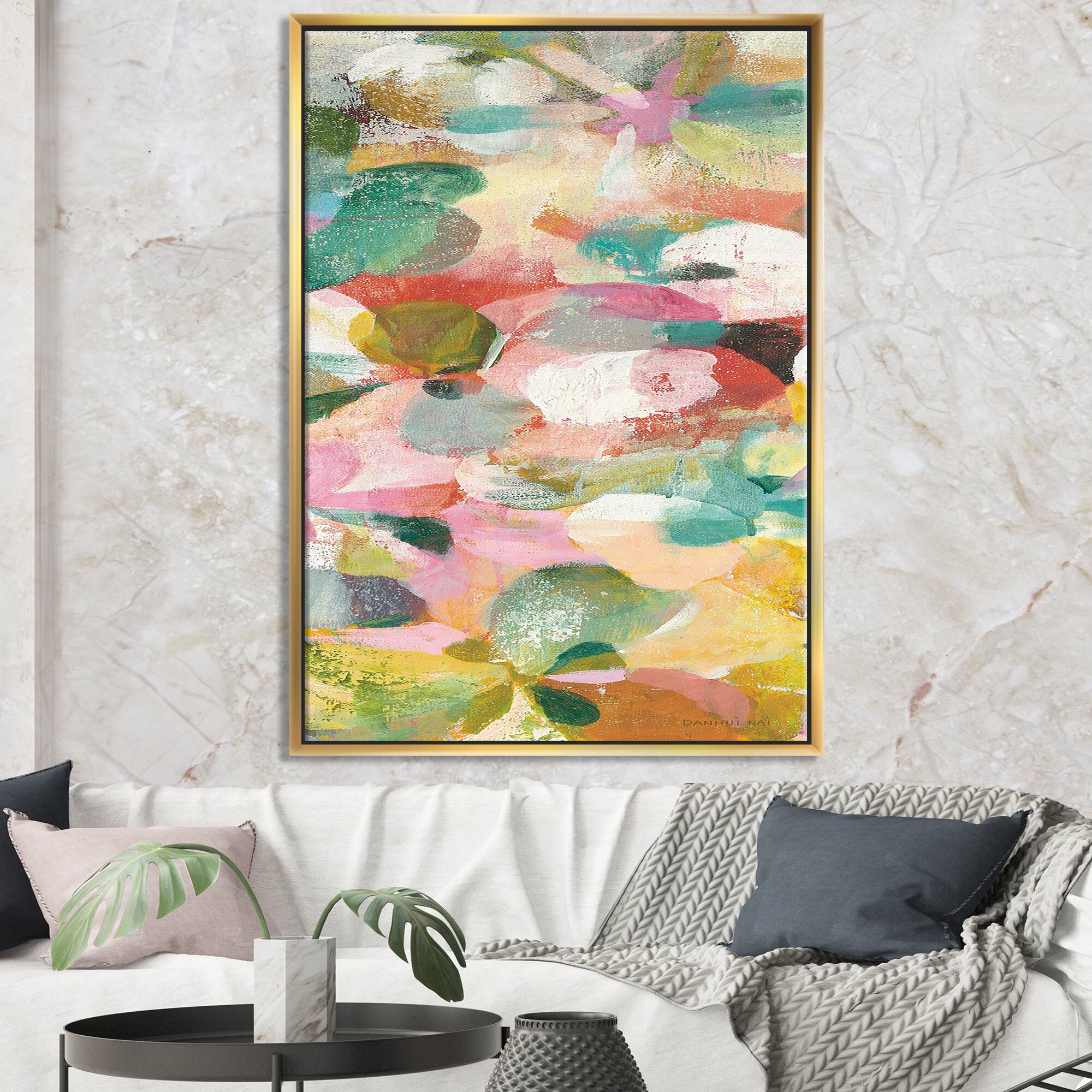 Designart - Abstract Pastel Flower Painting with Pink and Blue - Cabin &#x26; Lodge Canvas in Gold Frame