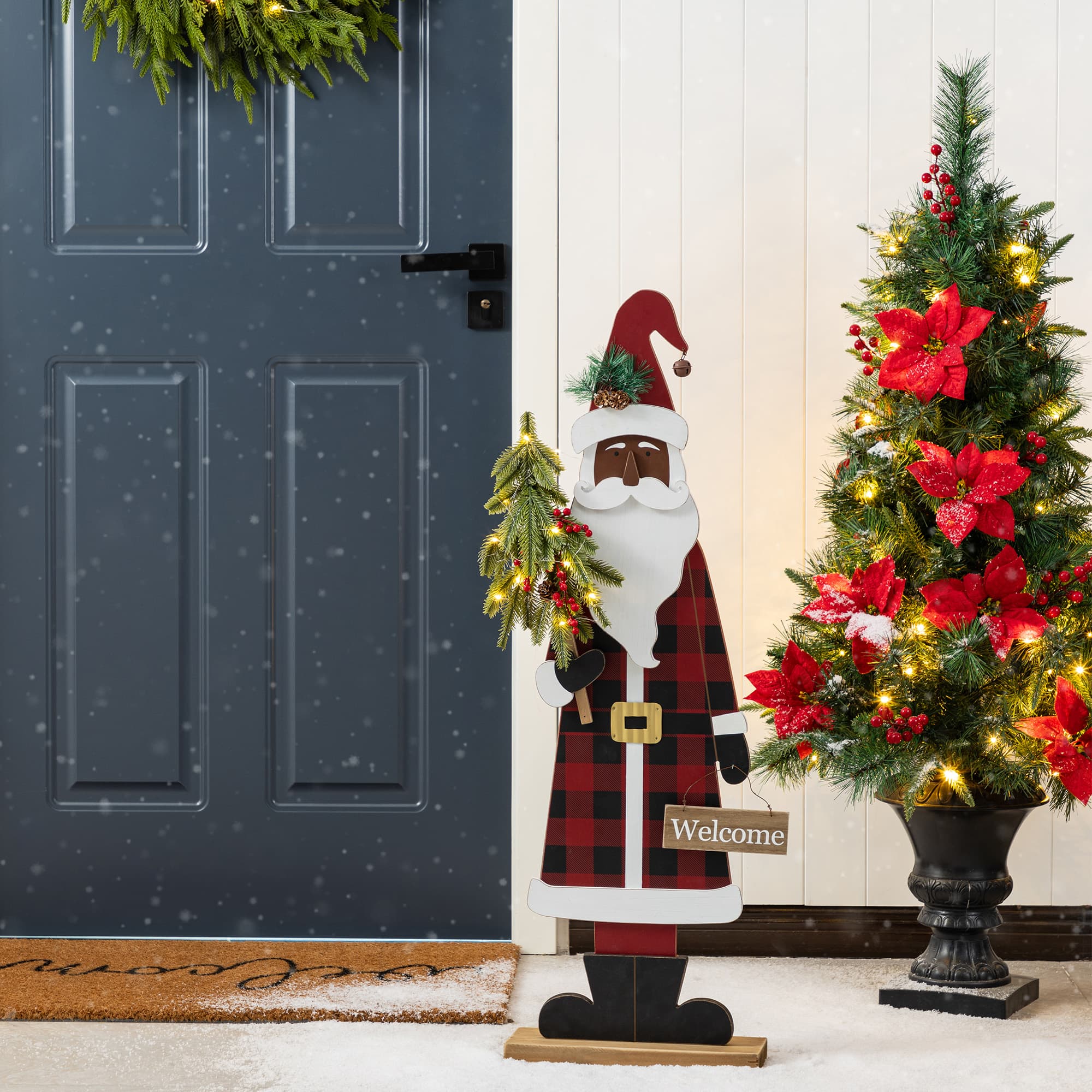 Glitzhome® 35.75" Lighted Wooden Africa Santa Porch Decor with Timer