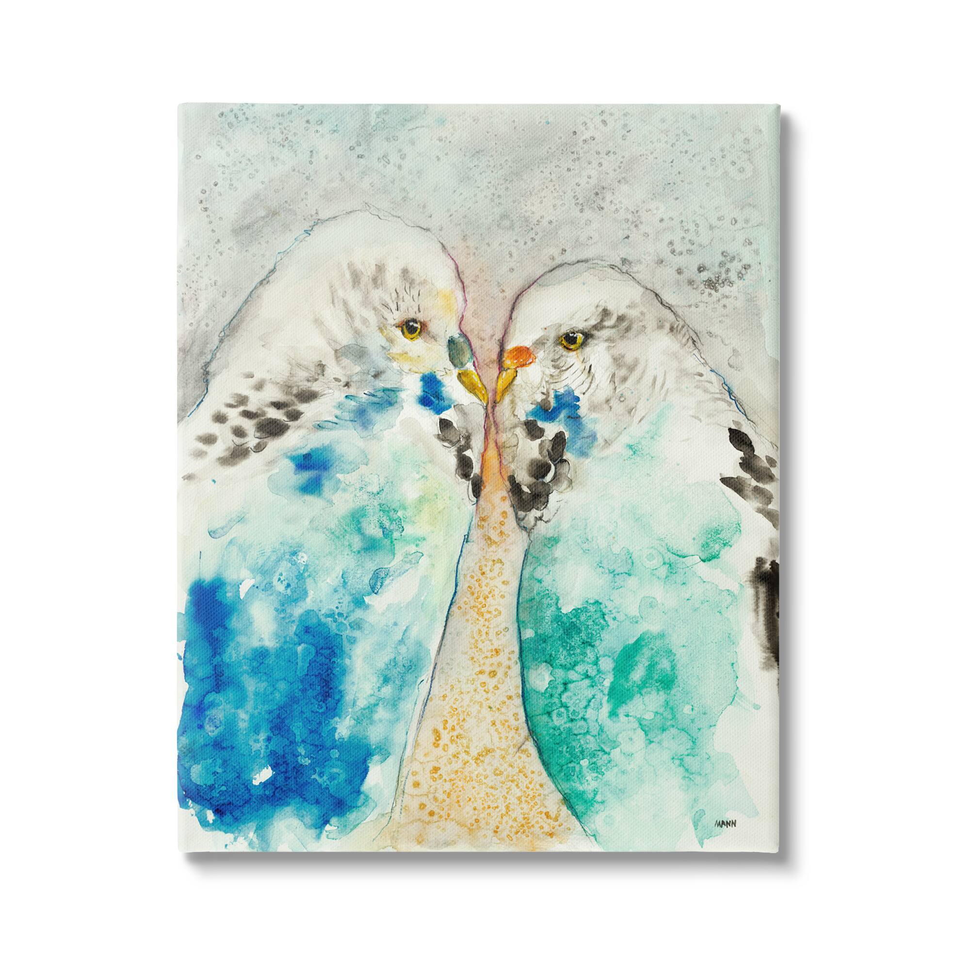 Stupell Industries Pair Blue Parakeets Birds Dotted Watercolor Detail Canvas Wall Art