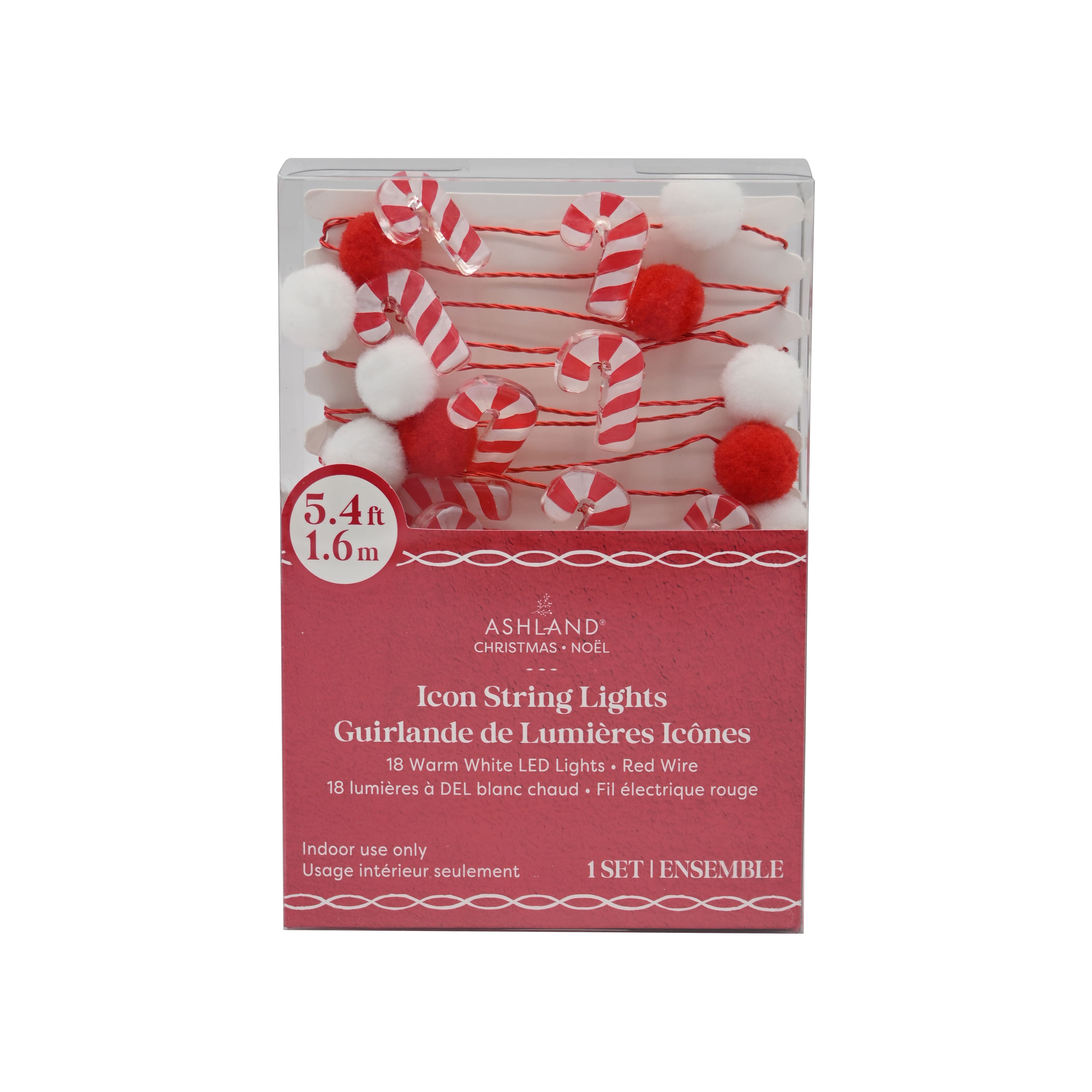 18ct. Warm White LED Pom Pom &#x26; Candy Cane String Lights on Red Wire by Ashland&#xAE;