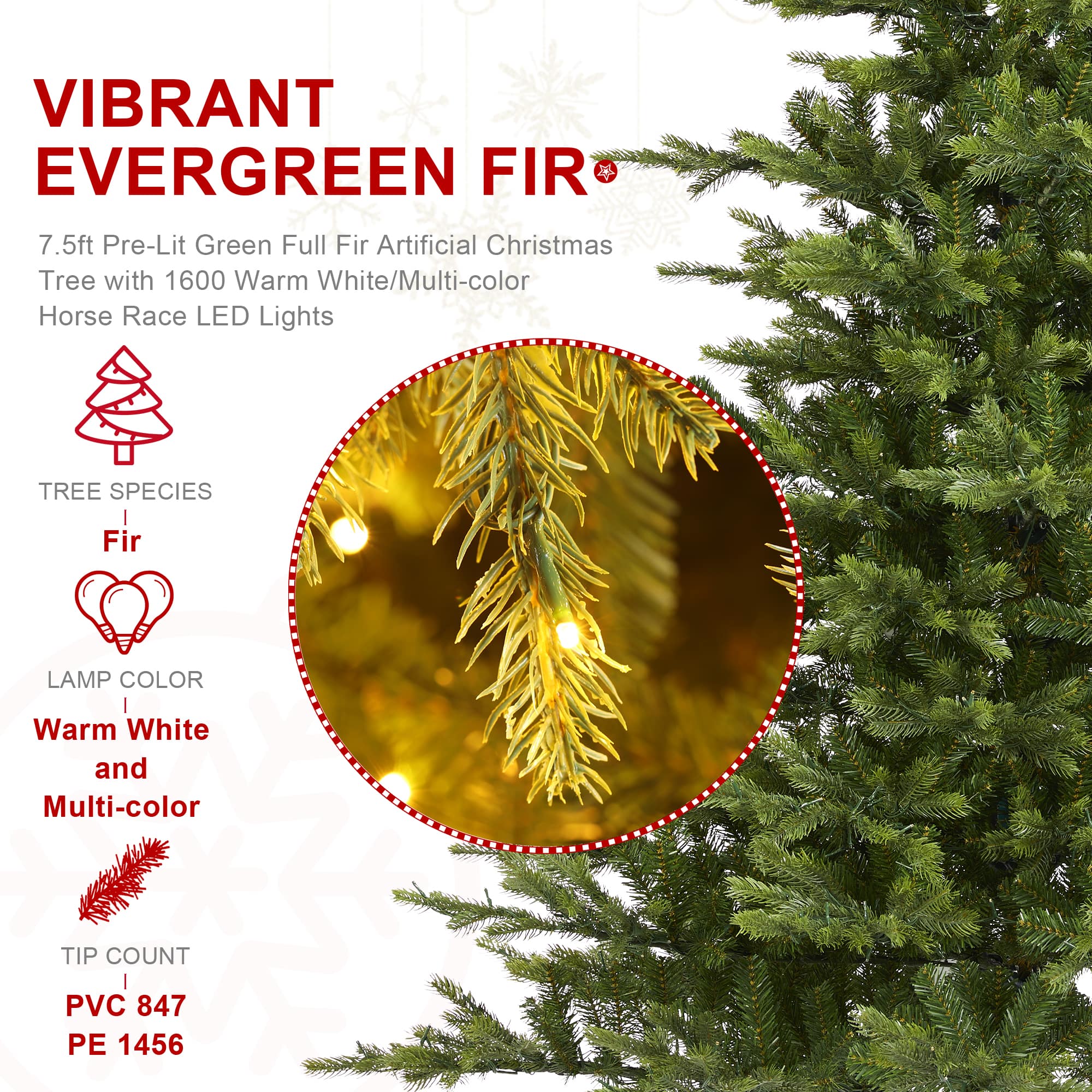 Glitzhome&#xAE; 7.5ft Pre-Lit Green Full Fir Artificial Christmas Tree, Multicolor LED Lights