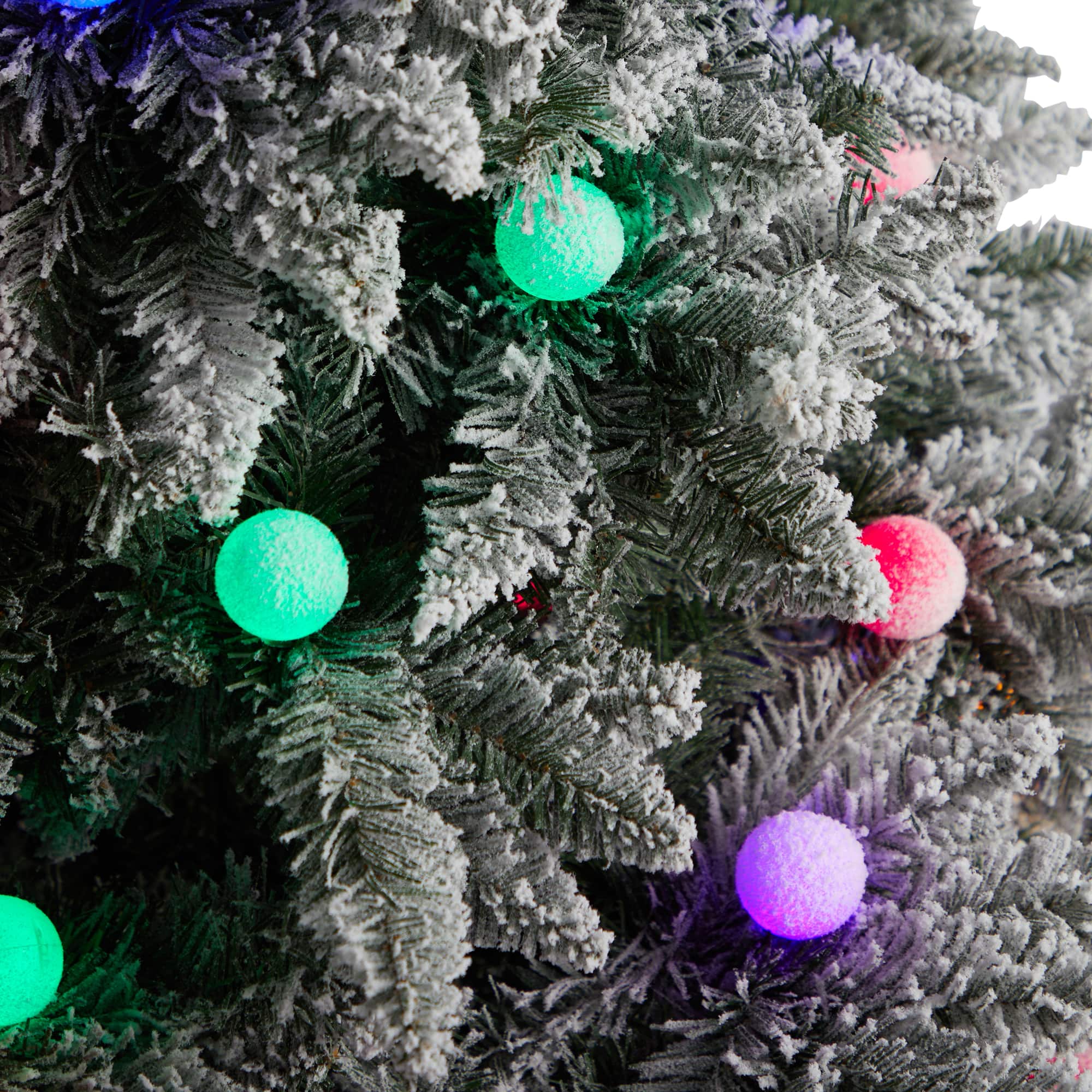 8.5ft. Pre-Lit Flocked British Columbia Mountain Fir Artificial Christmas Tree, Multicolor Globe Bulbs