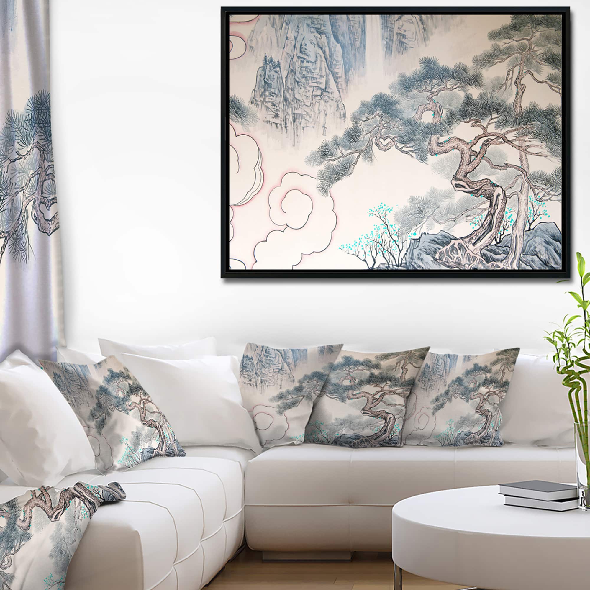 Designart - Chinese Blue Tree Art - Floral Painting Canvas in Black Frame