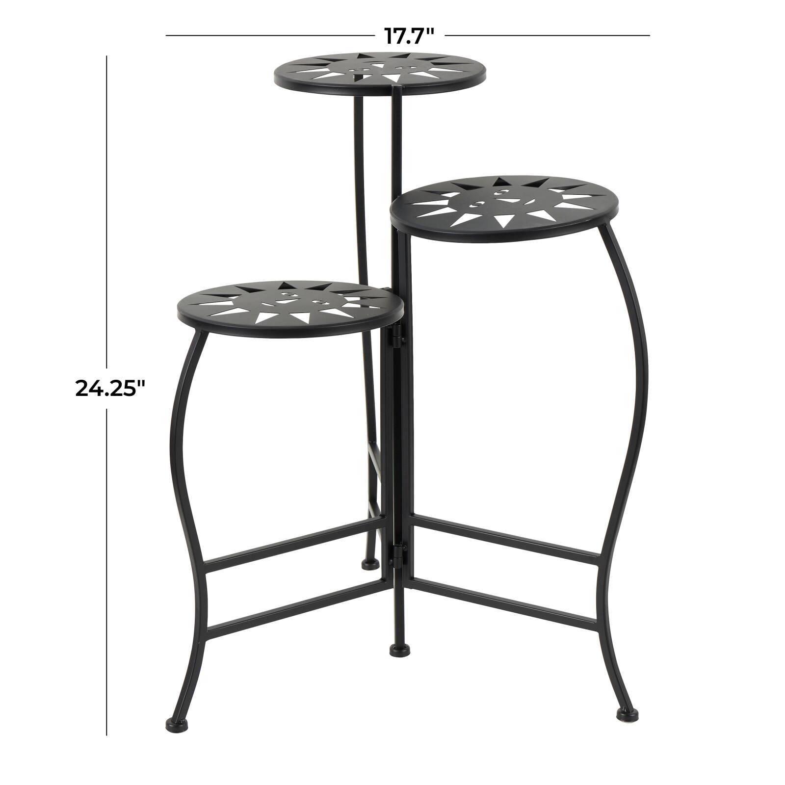 24" Black Metal Folding 3-Tier Plant Stand with Sun Face Cutouts