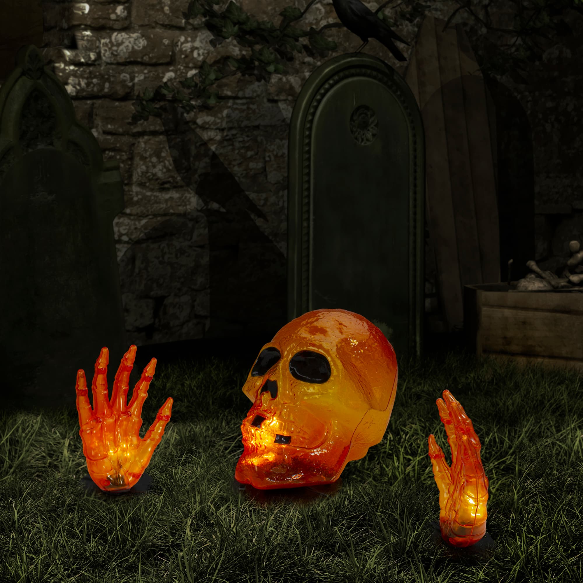 8.5&#x22; Lighted Orange Skull &#x26; Hands Outdoor Halloween Decoration