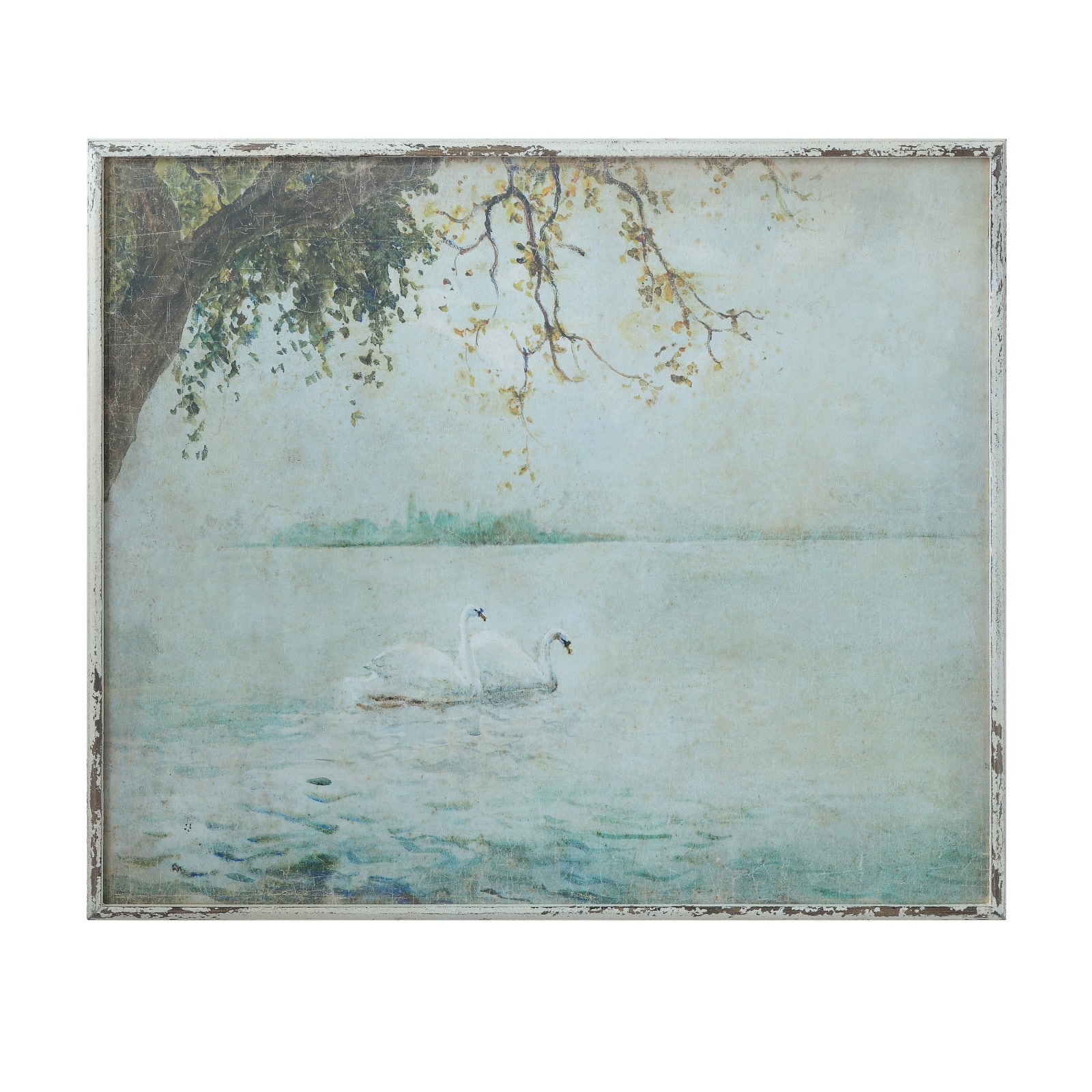31.5&#x22; Blue Vintage Swans Wood Framed Wall D&#xE9;cor