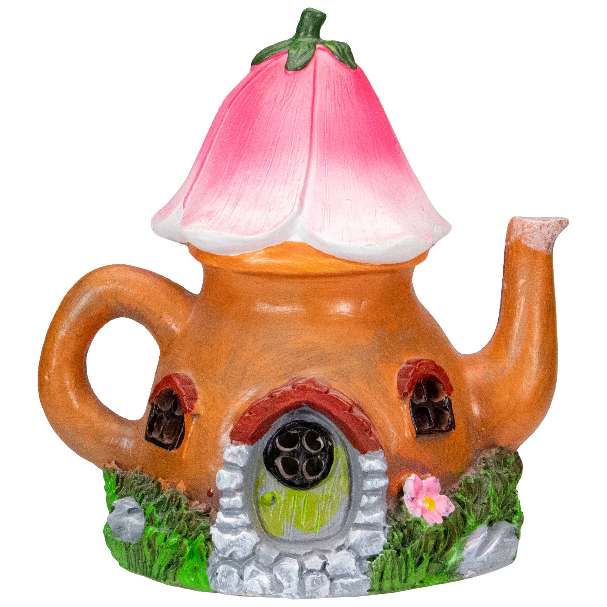 7&#x22; Solar Lighted Flower Tea Pot Outdoor Garden Statue