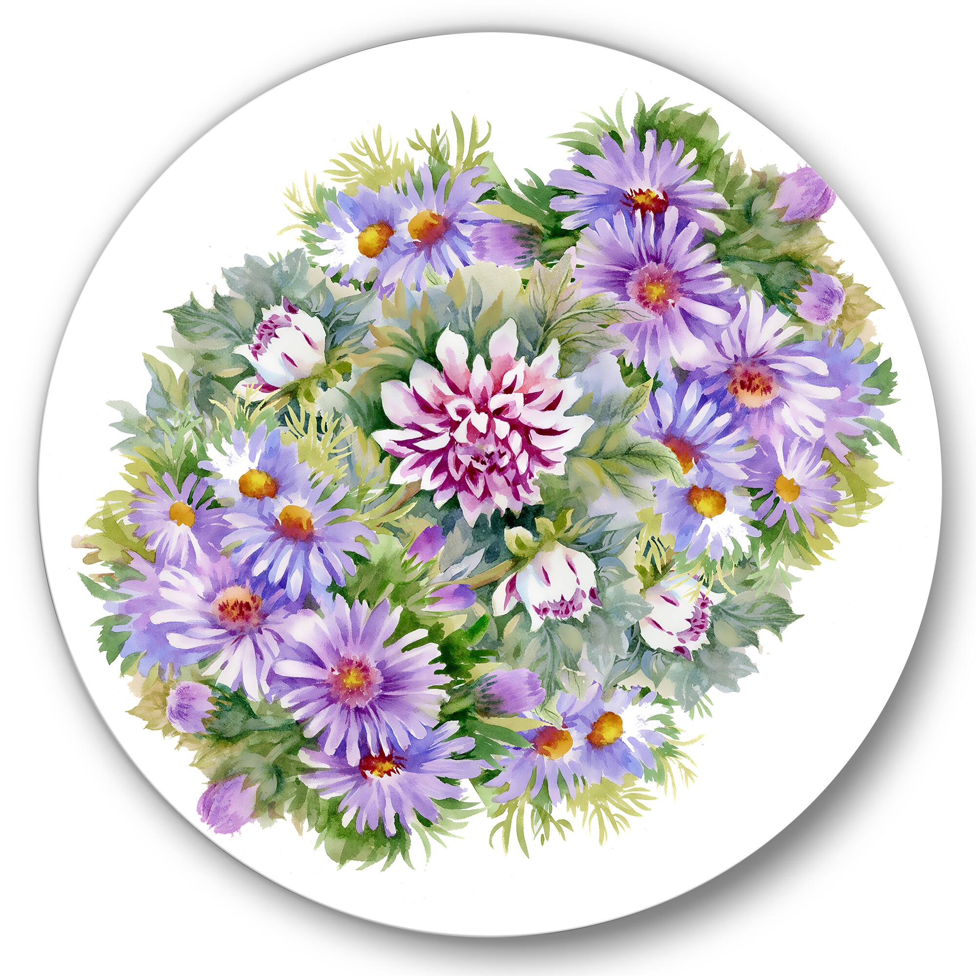 Designart - Bouquet With Purple Chrysanthemums and Daisies - Traditional Metal Circle Wall Art