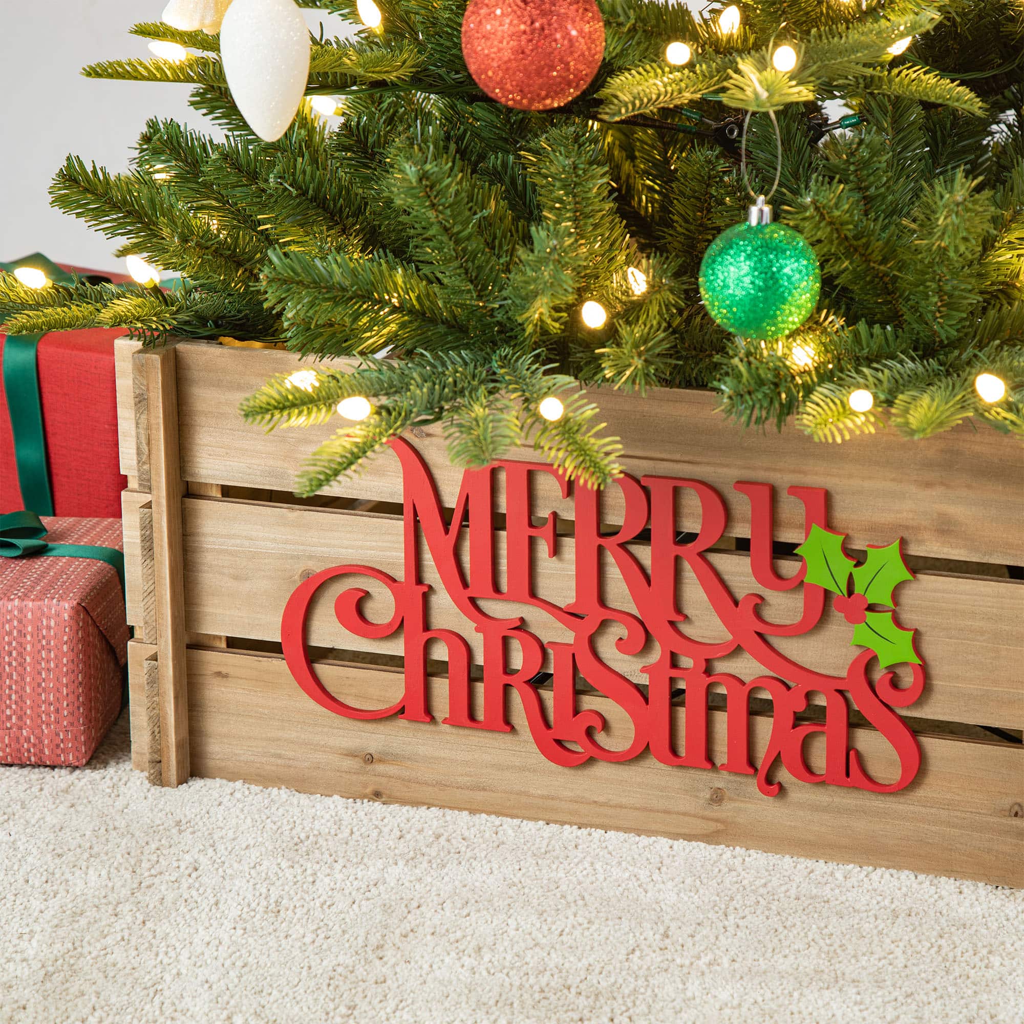 Glitzhome&#xAE; Merry Christmas Wood Crate Tree Collar