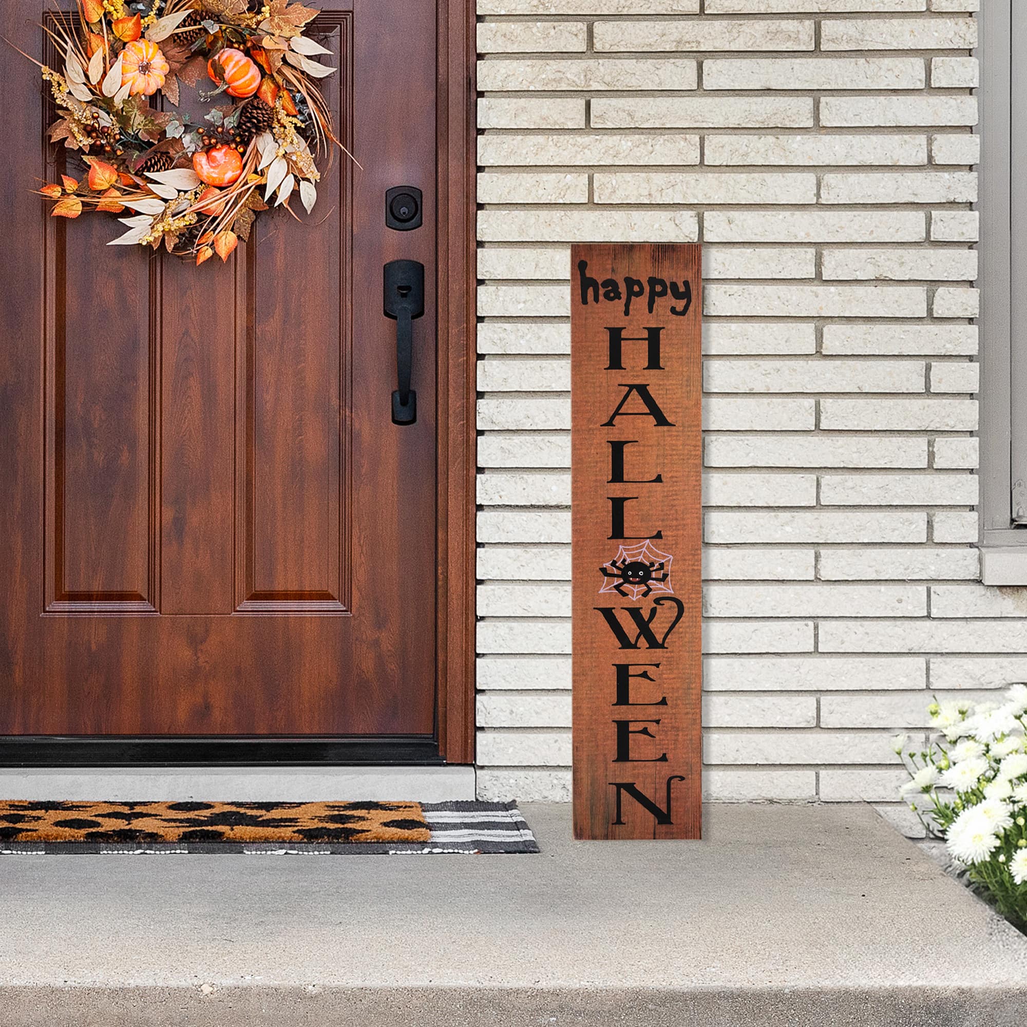 36" Orange Wood Happy Halloween with Spider Wall Sign