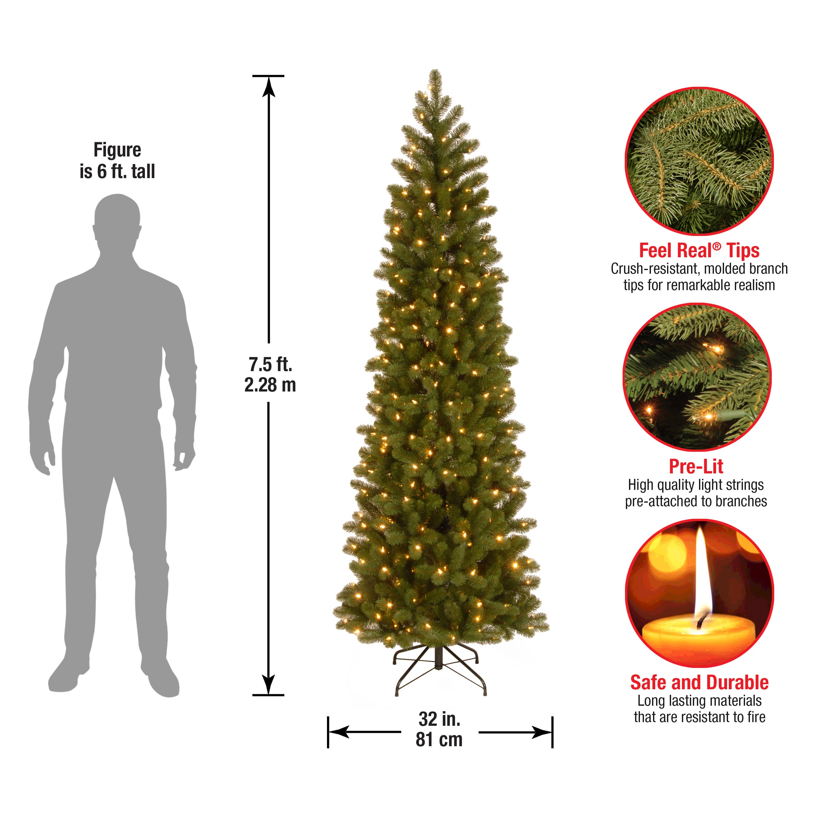7.5 ft. Pre-lit Feel Real&#xAE; Hinged Down Swept Douglas Fir Pencil Artificial Christmas Tree, Clear Lights