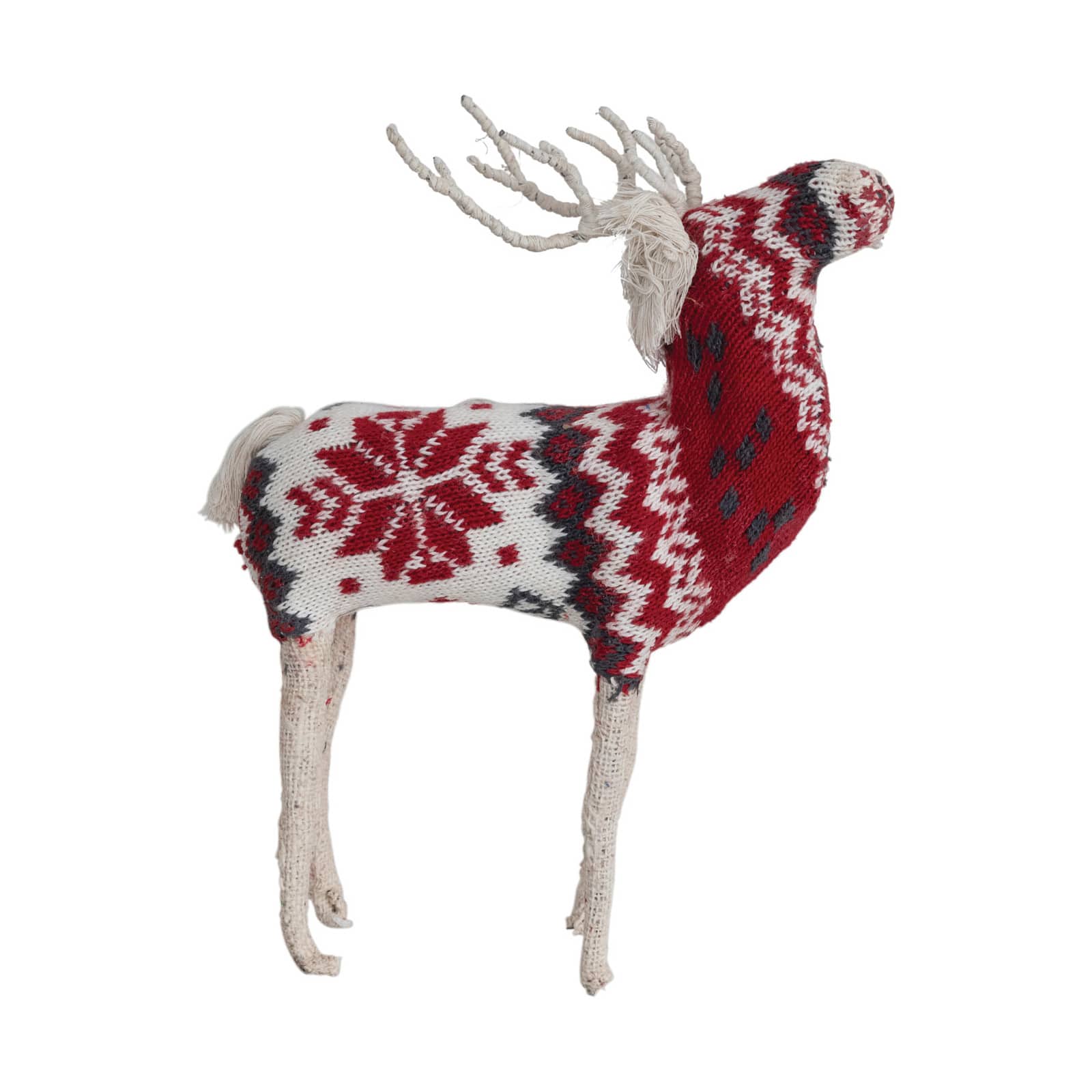 Hello Honey® 9" Red, Cream & Black Cotton Knit & Wire Reindeer with Faire Isle Pattern