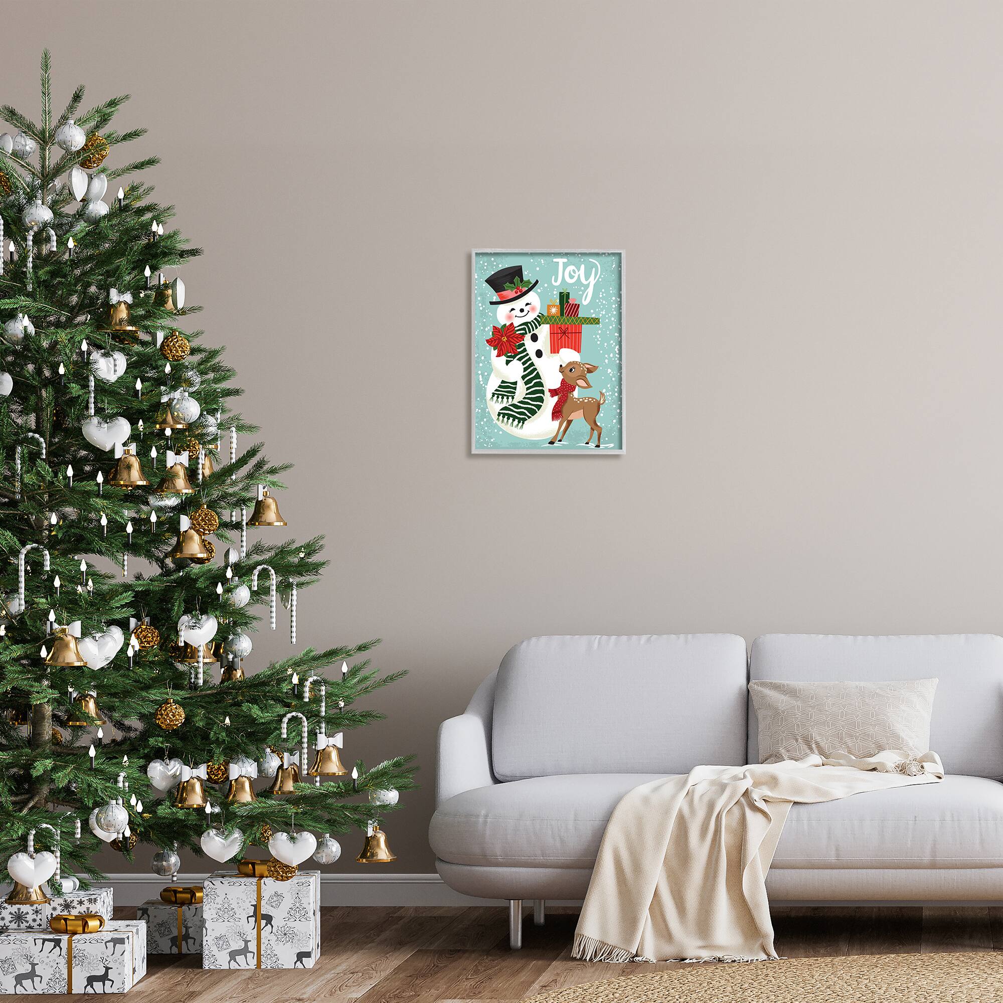 Stupell Industries Joy Smiling Snowman Holiday Deer Framed Giclee Art