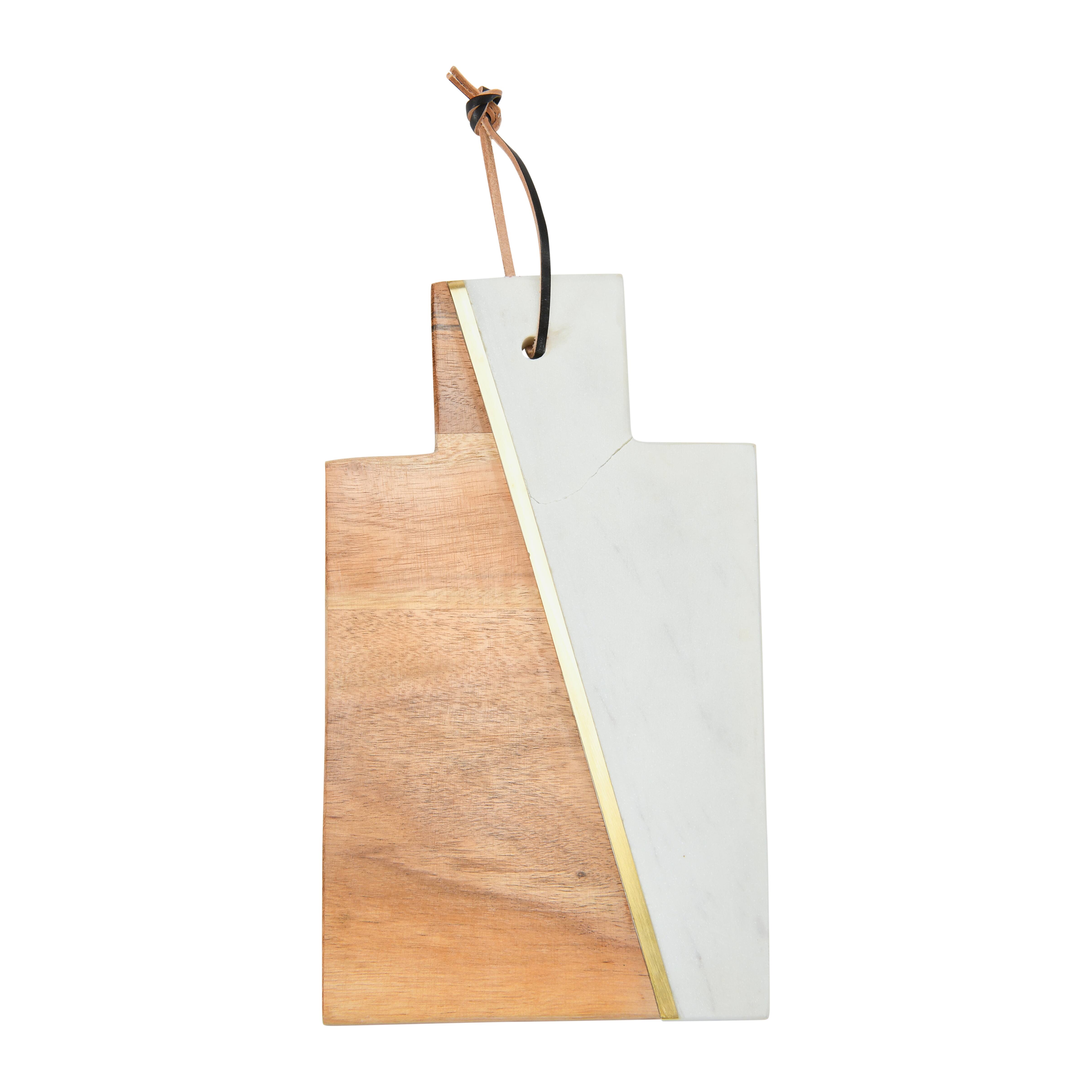 Hello Honey® 12" White and Natural Boho 2-Tone Marble and Acacia Wood Charcuterie or Cutting Board with Brass Inlay and Leather Tie