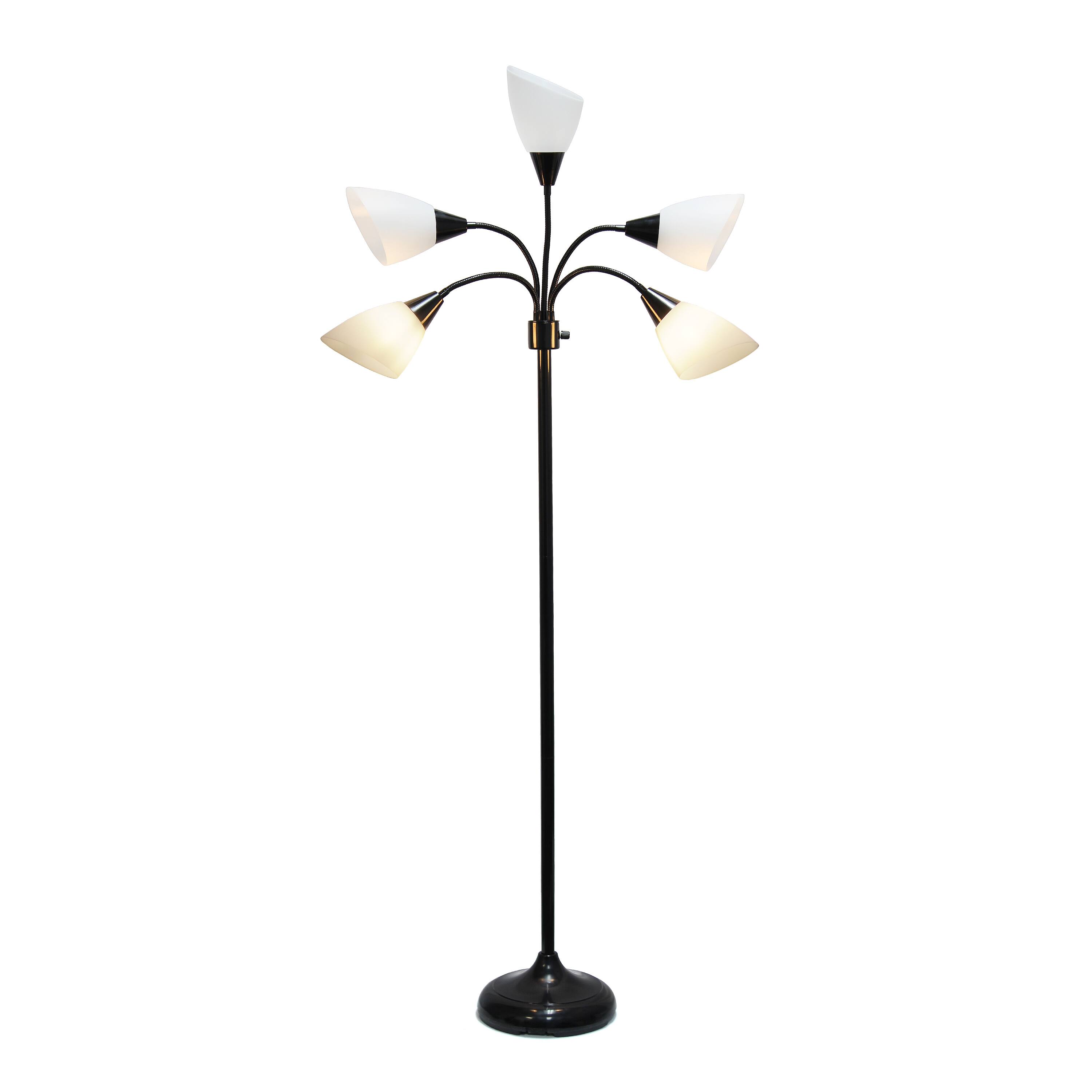 Simple Designs&#x2122; 5.5ft. 5-Light Gooseneck Black Floor Lamp with White Shades