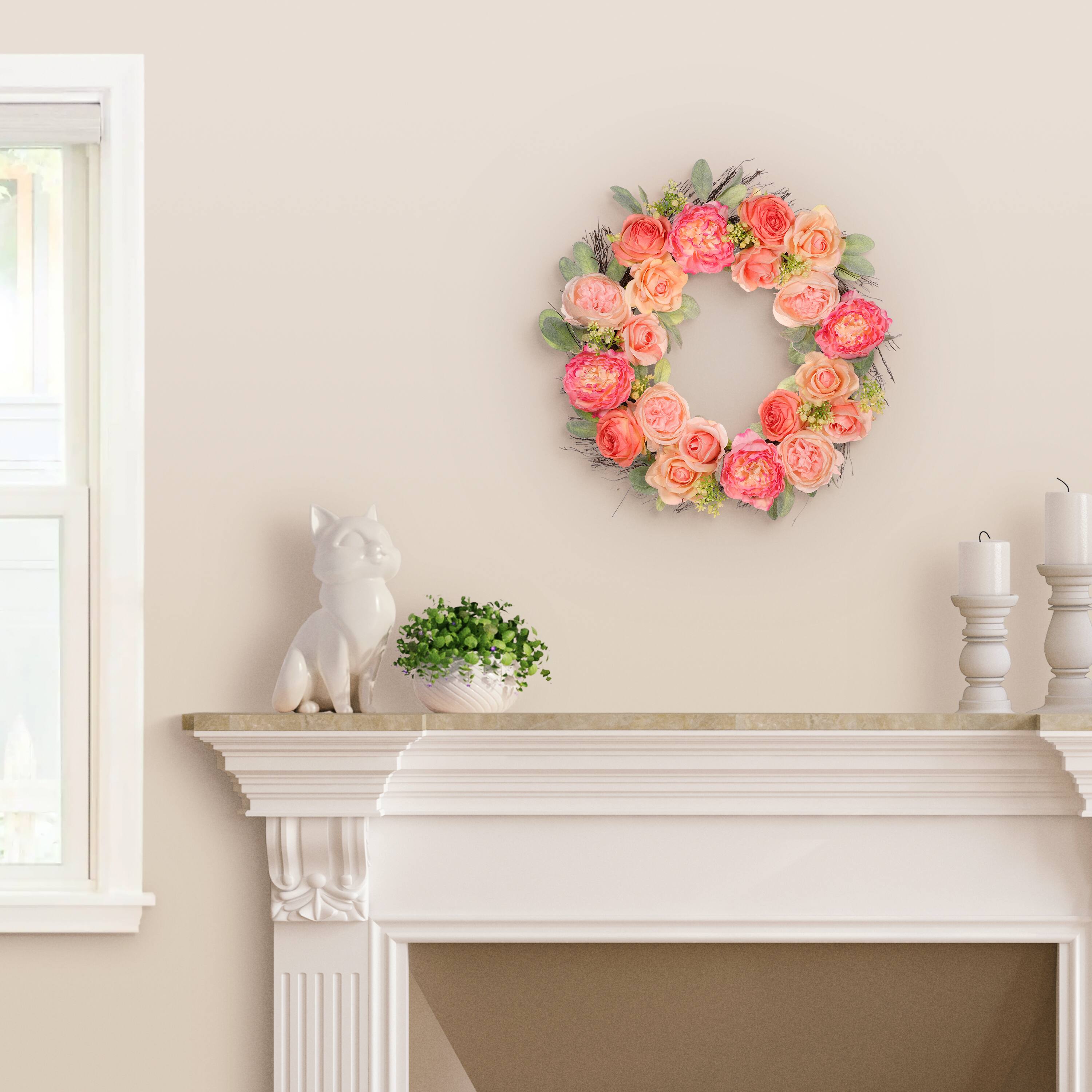 24&#x22; Spring Peach &#x26; Pink Peony &#x26; Rose Wreath