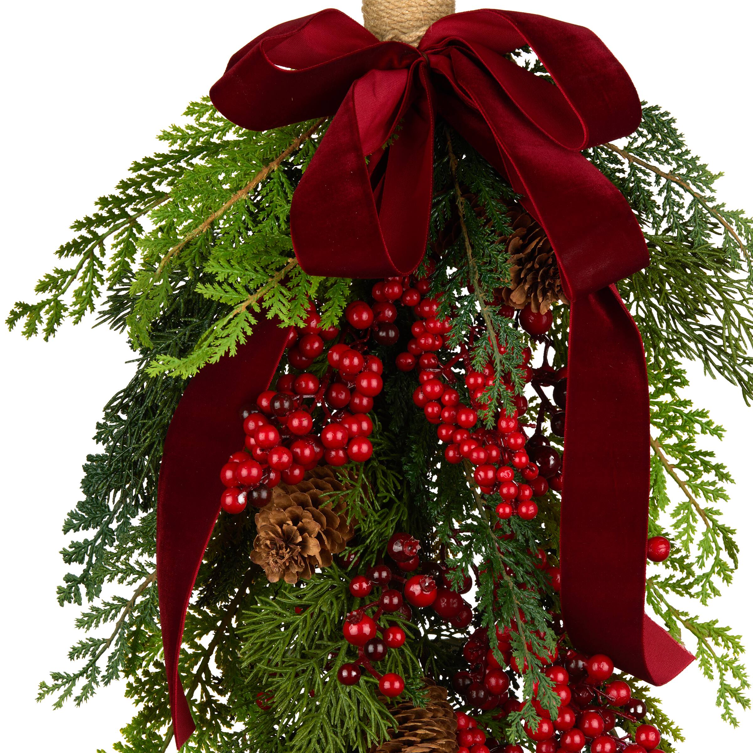 28&#x22; Christmas Joy Cypress, Red Berry &#x26; Pinecone Teardrop Swag