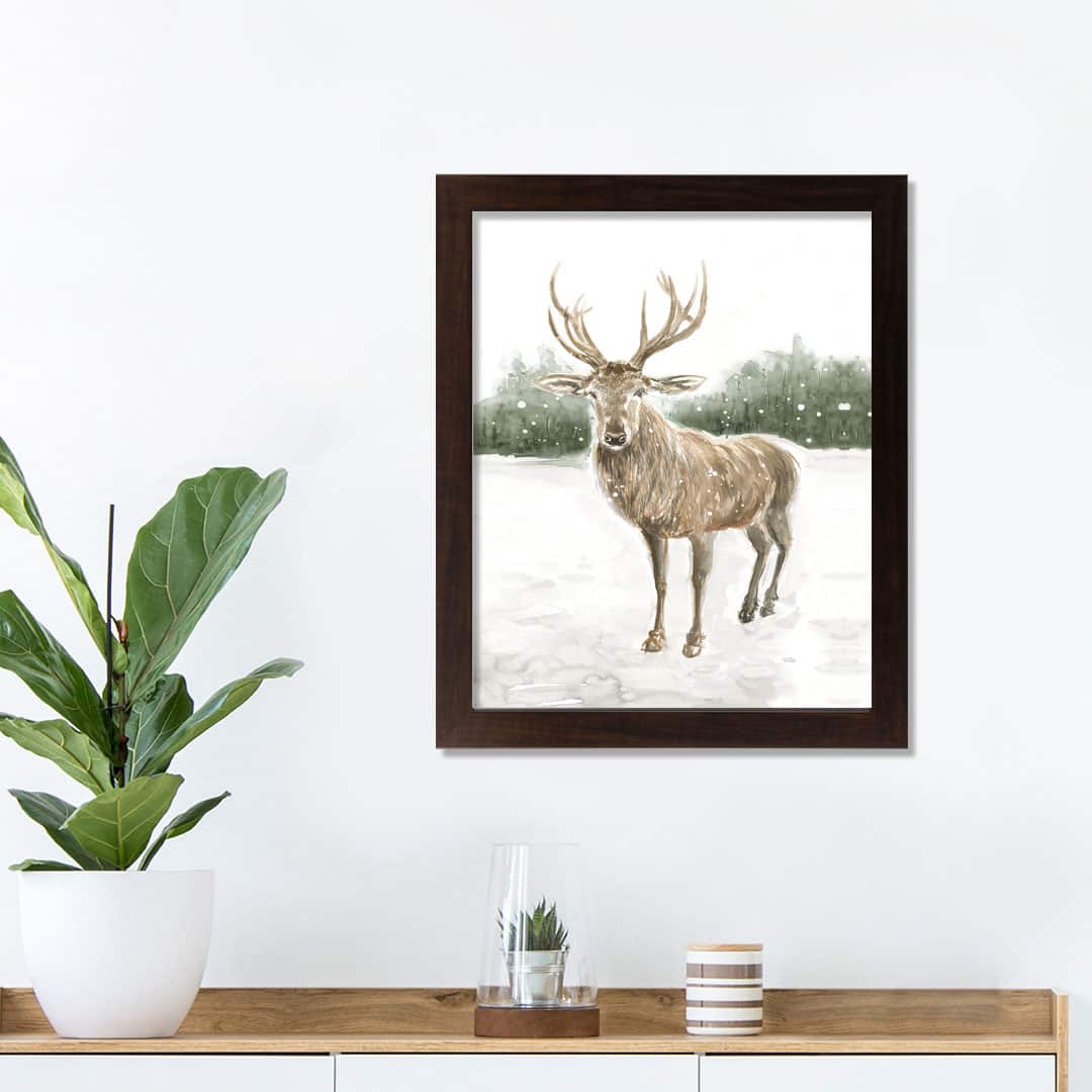 Winter Deer Walnut Framed Print Under Plexiglass