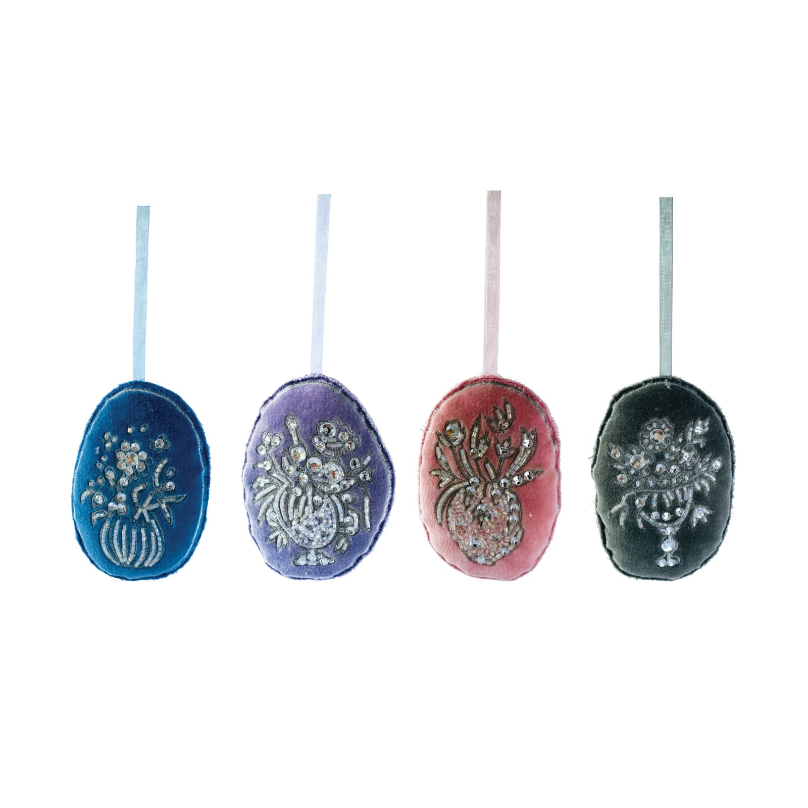 Hello Honey&#xAE; 4 Pack 3.5&#x22; Beaded Flower Oval Velvet Ornaments