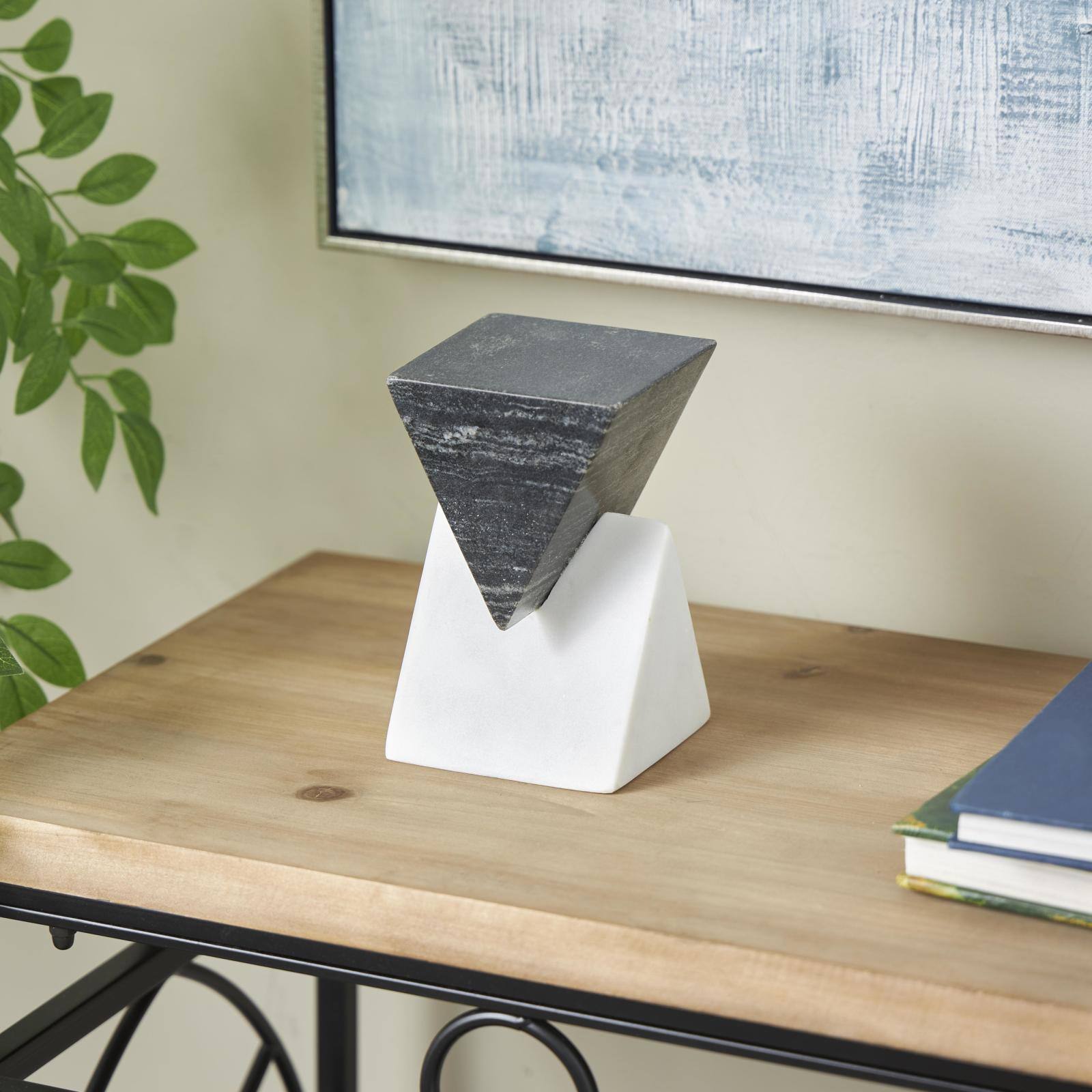 6.5" White & Black Marble Geometric Stacked Pyramid Sculpture