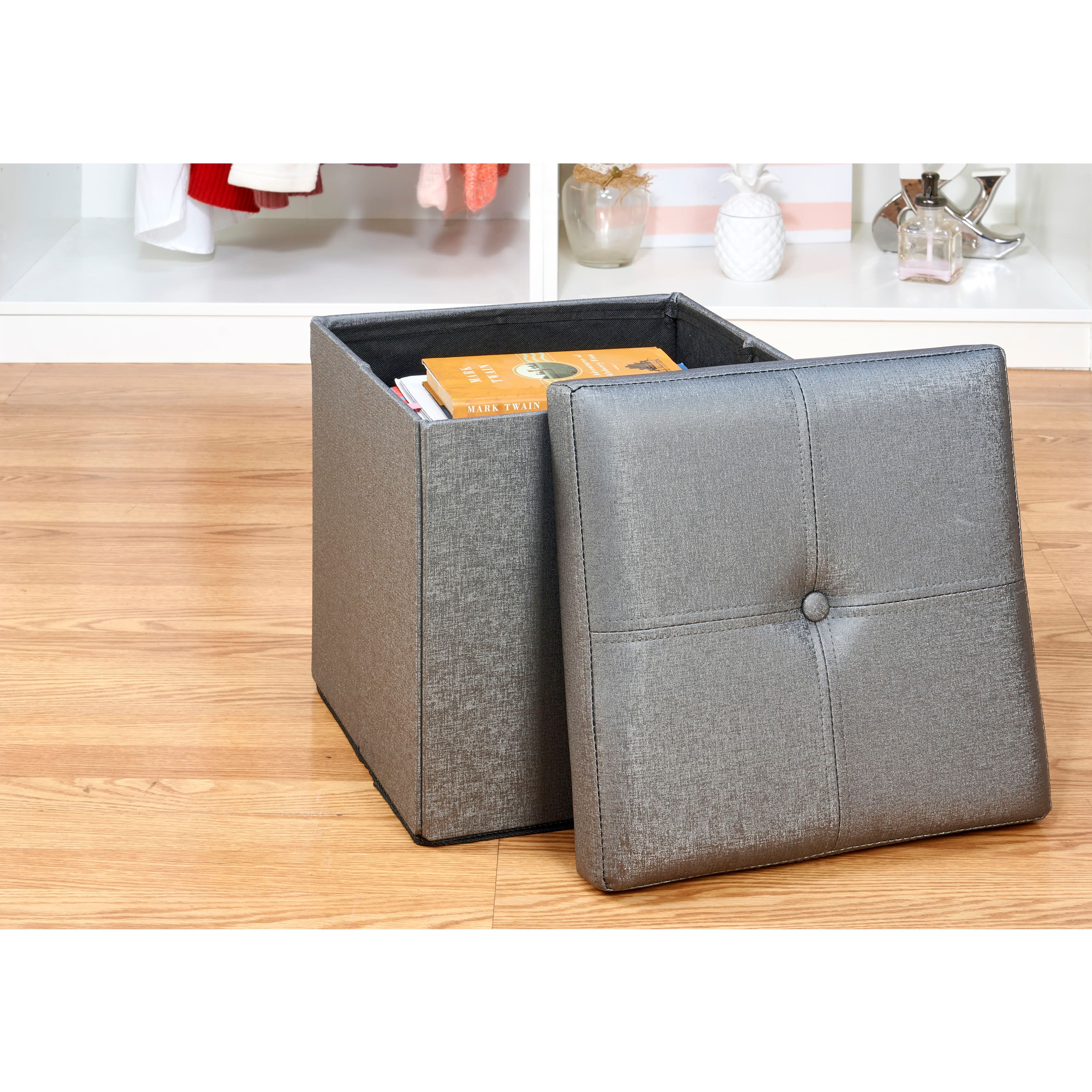 Simplify Metallic Faux Leather Folding Storage Ottoman Cube