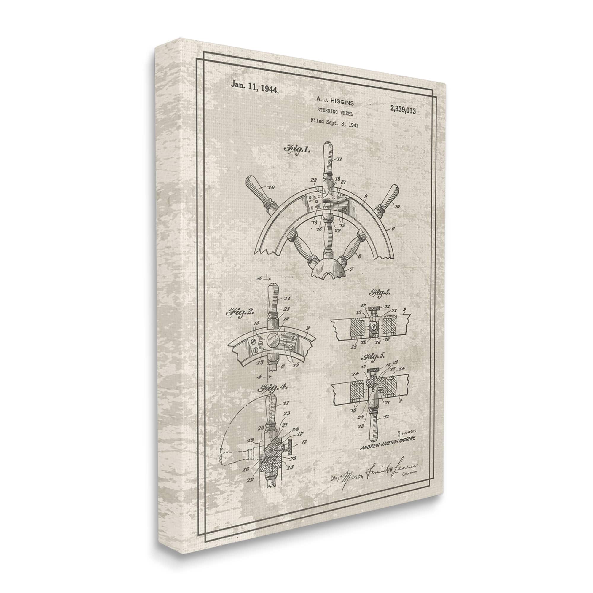 Stupell Industries Vintage Ship Steering Wheel Diagram Interior View Canvas Wall Art