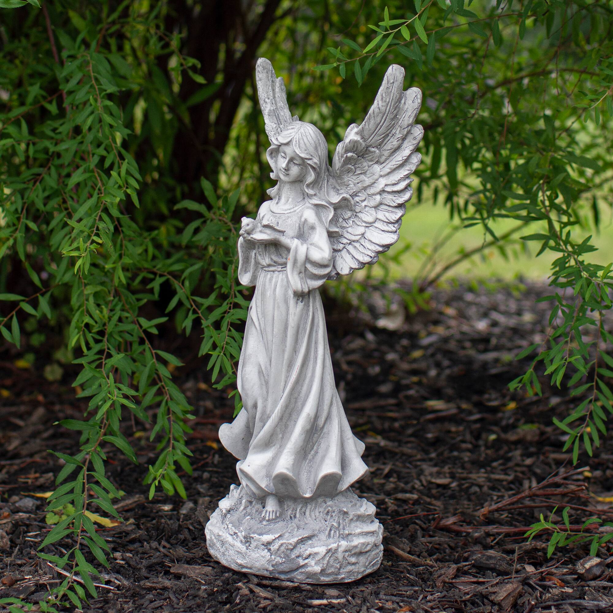 13&#x22; Weathered Gray Serene Angel with Dove Outdoor Garden Statue